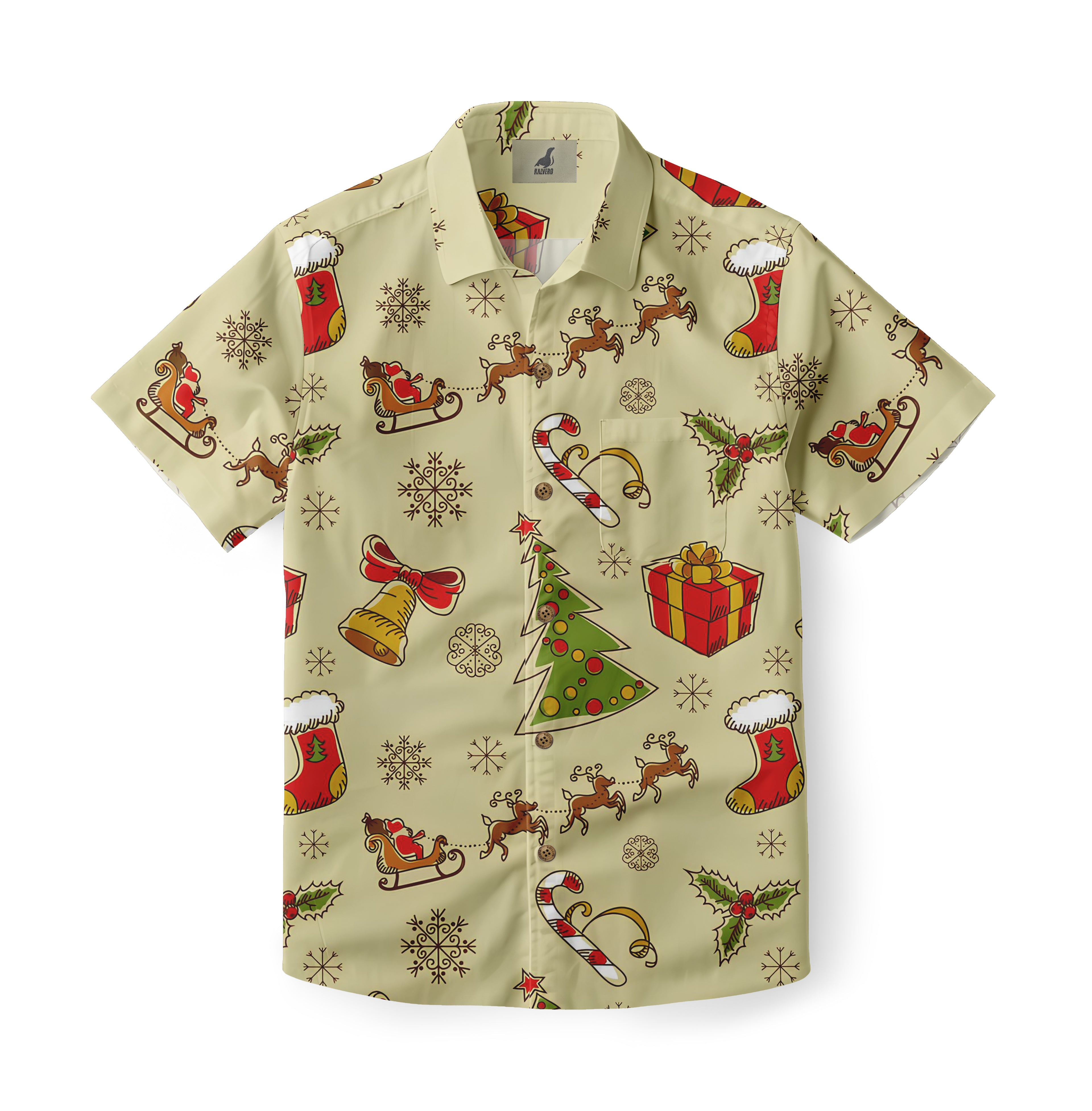 Christmas-themed Hawaiian shirt with festive patterns on a beige.