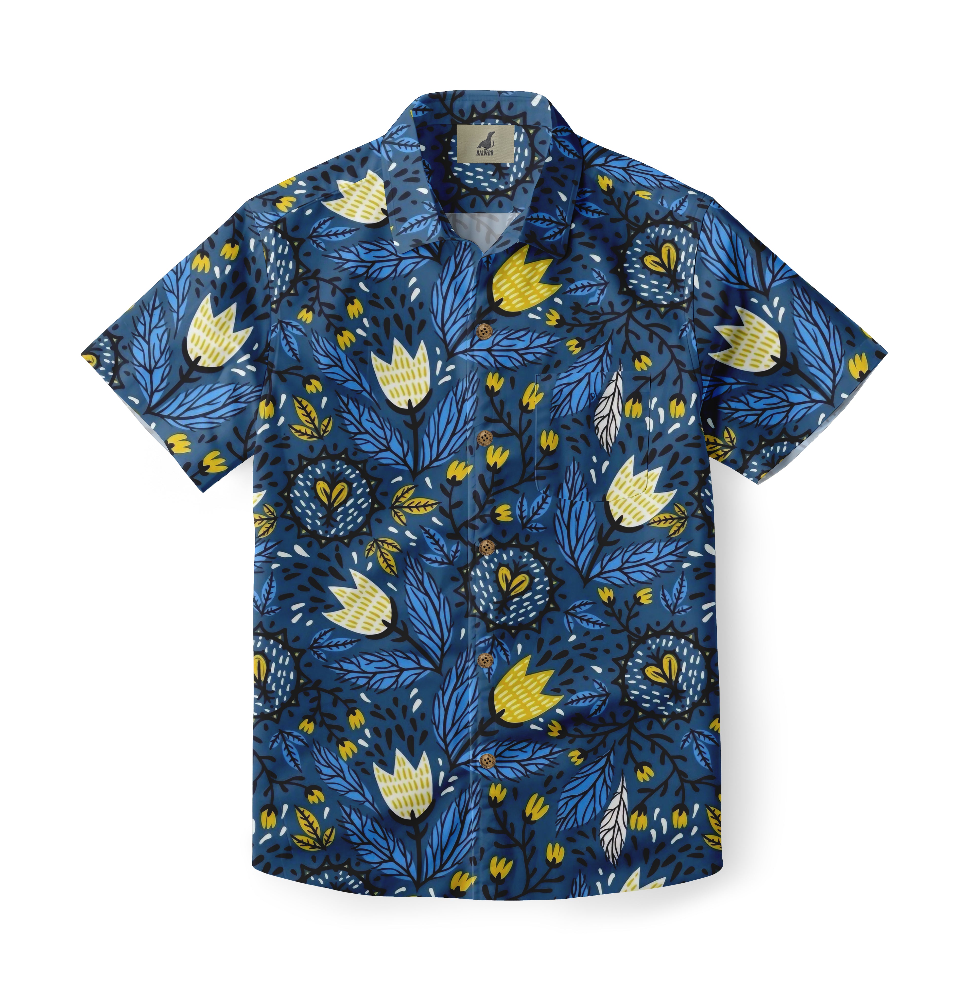 Blue short-sleeve shirt with yellow and white floral pattern.