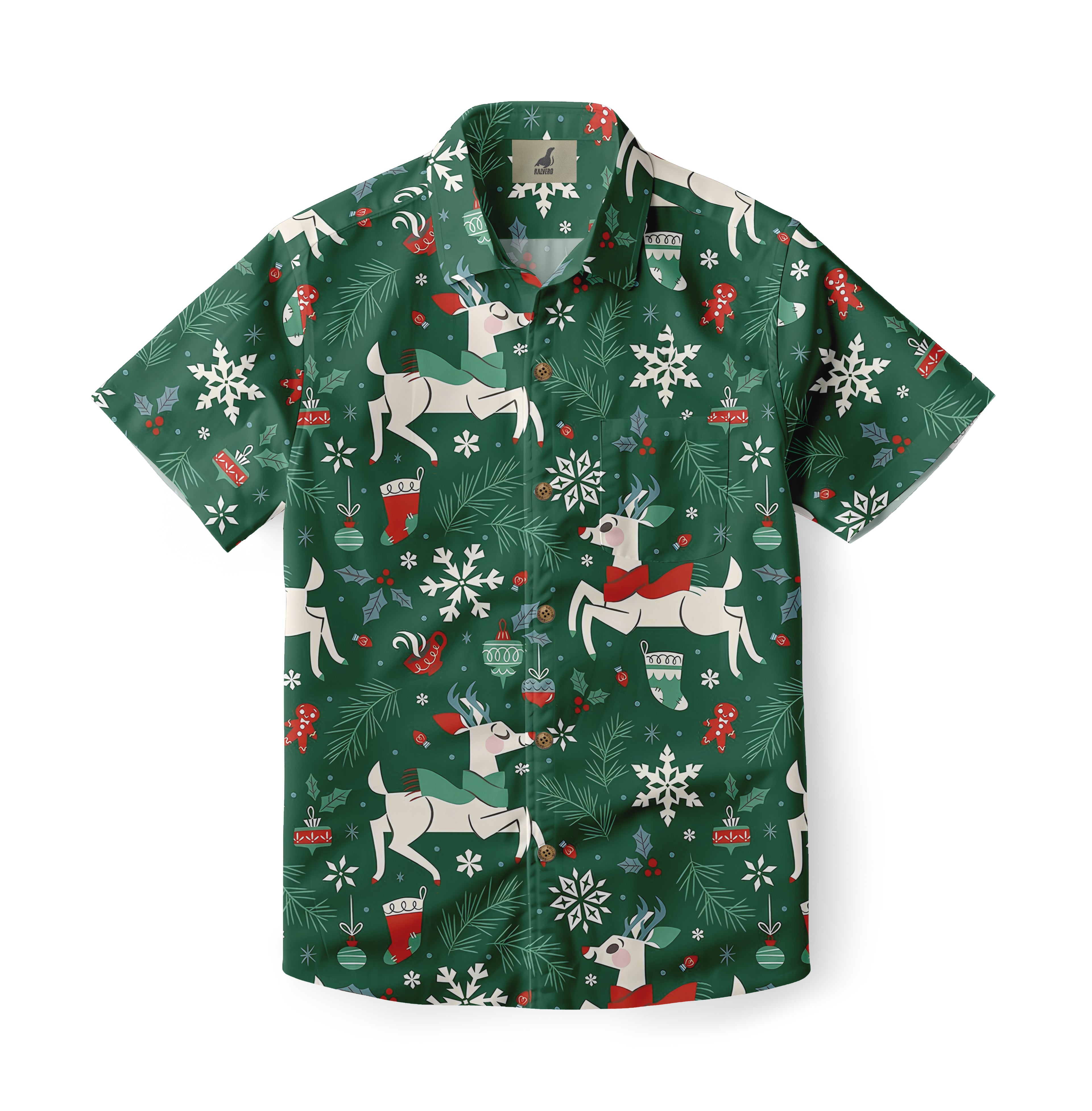 Green Christmas-themed shirt with reindeer, snowflakes, and holiday.