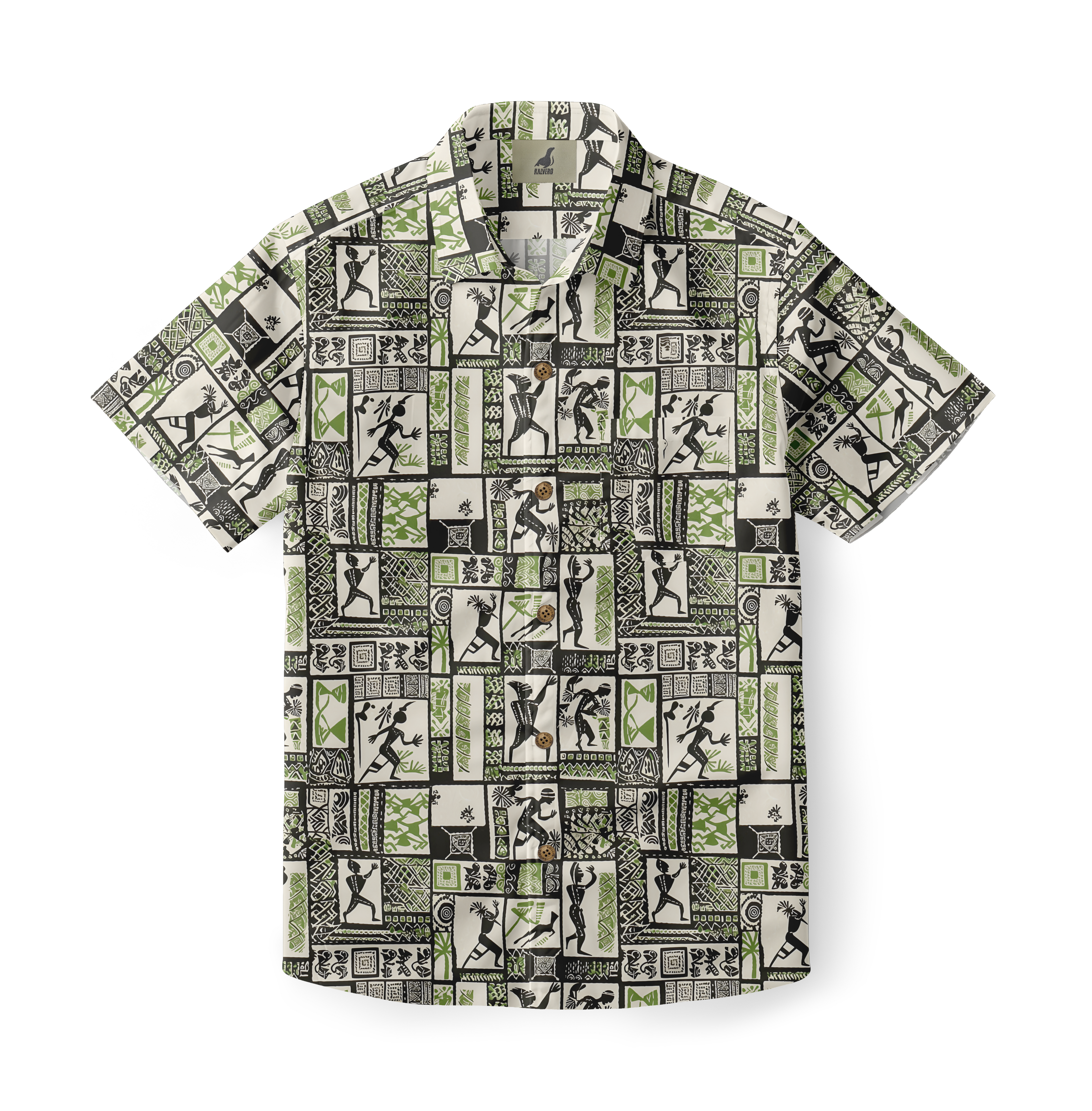Green, black, white patterned short-sleeve shirt with tribal designs.