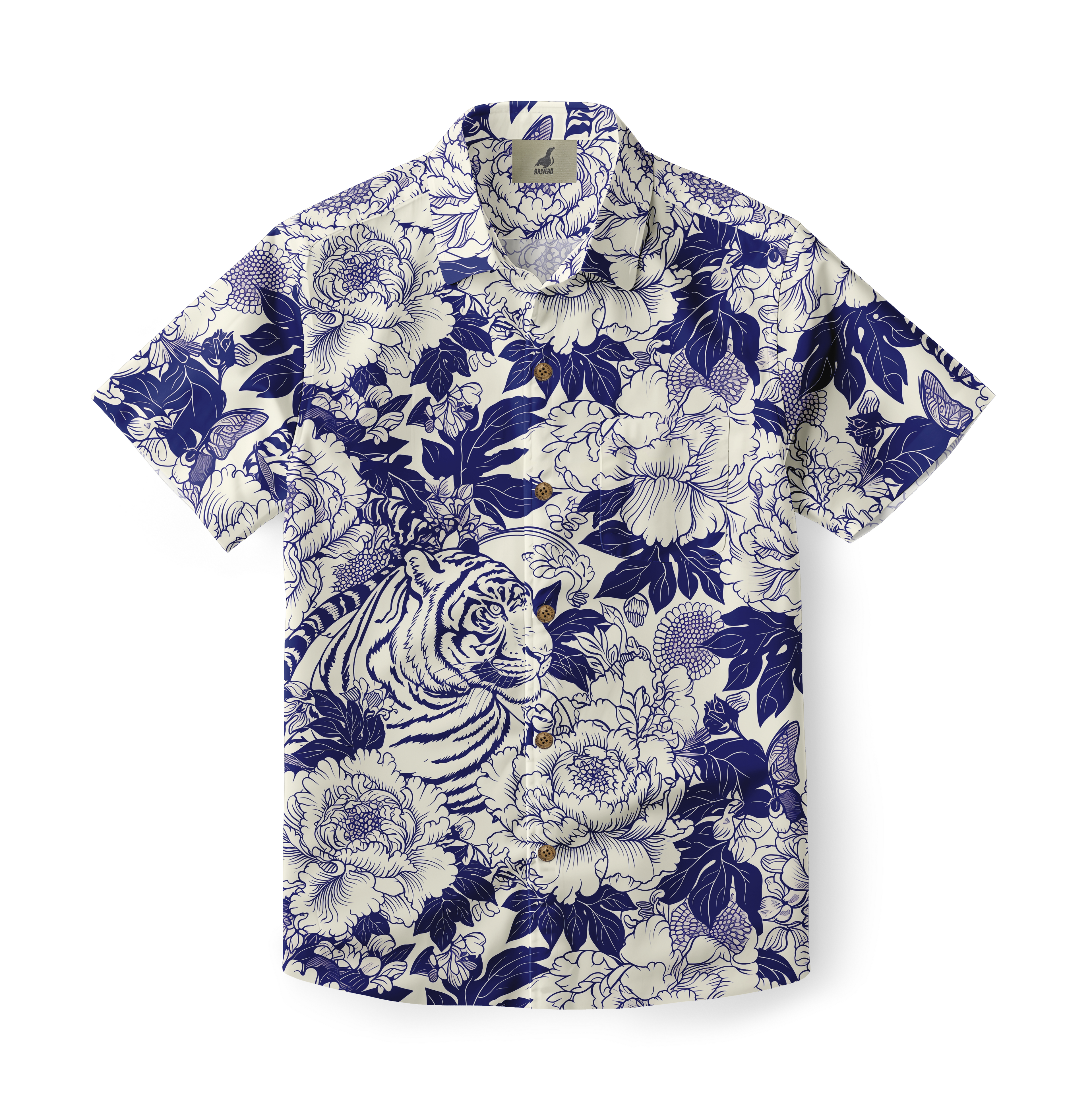 White shirt with blue floral pattern and tiger design.