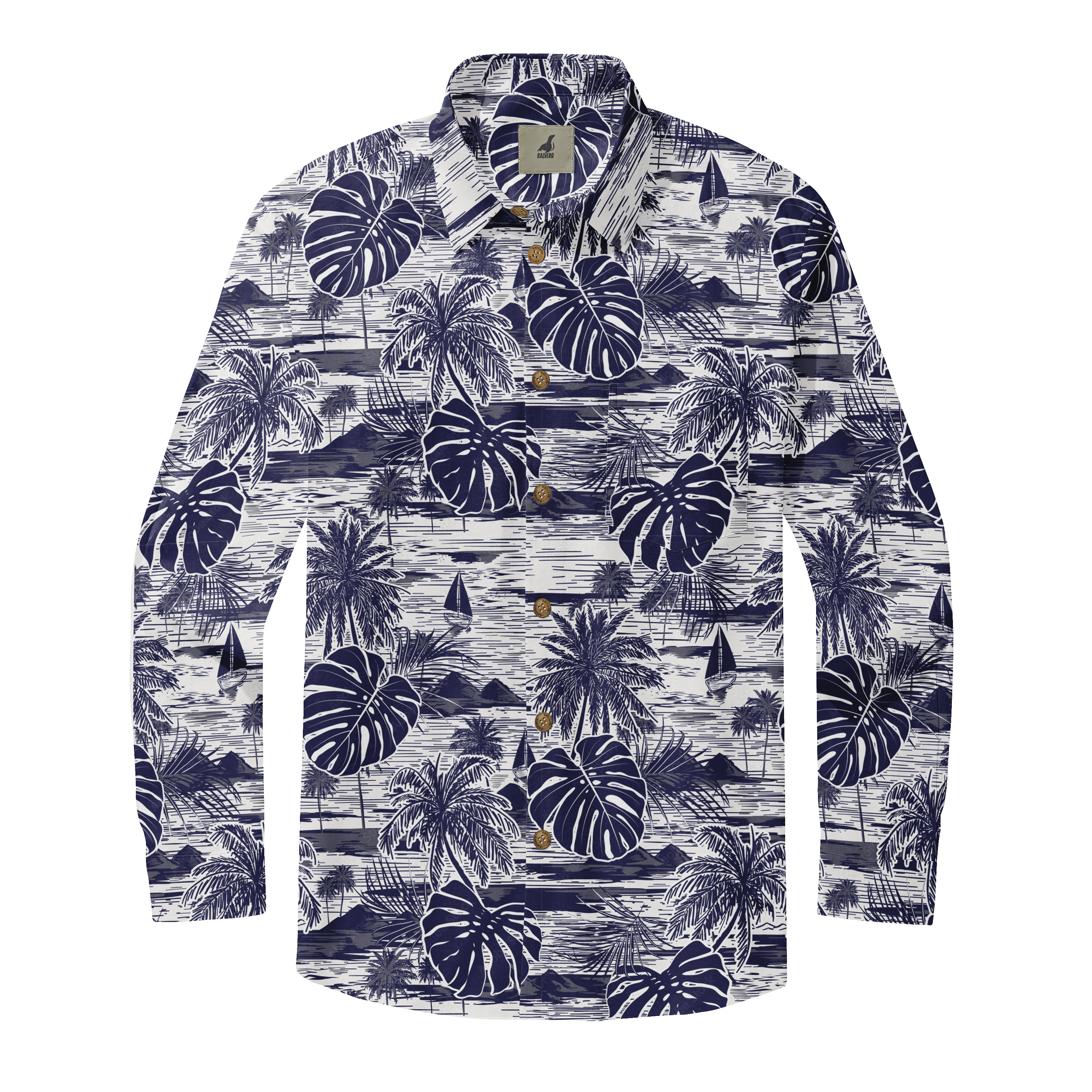 Tropical print shirt with palm trees, monstera leaves, and sailboats.