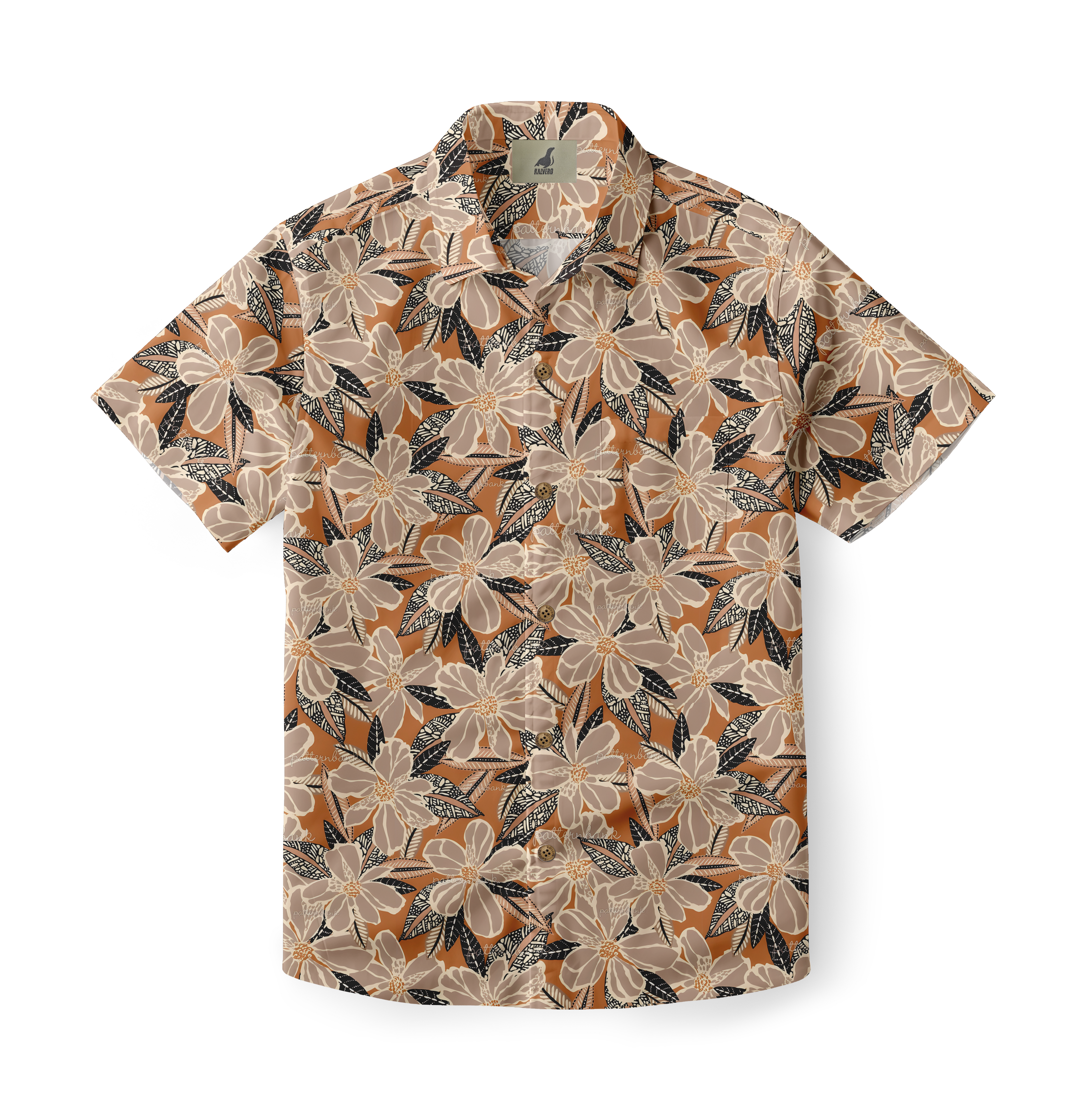 Brown floral short-sleeve shirt with beige flowers and black leaves.