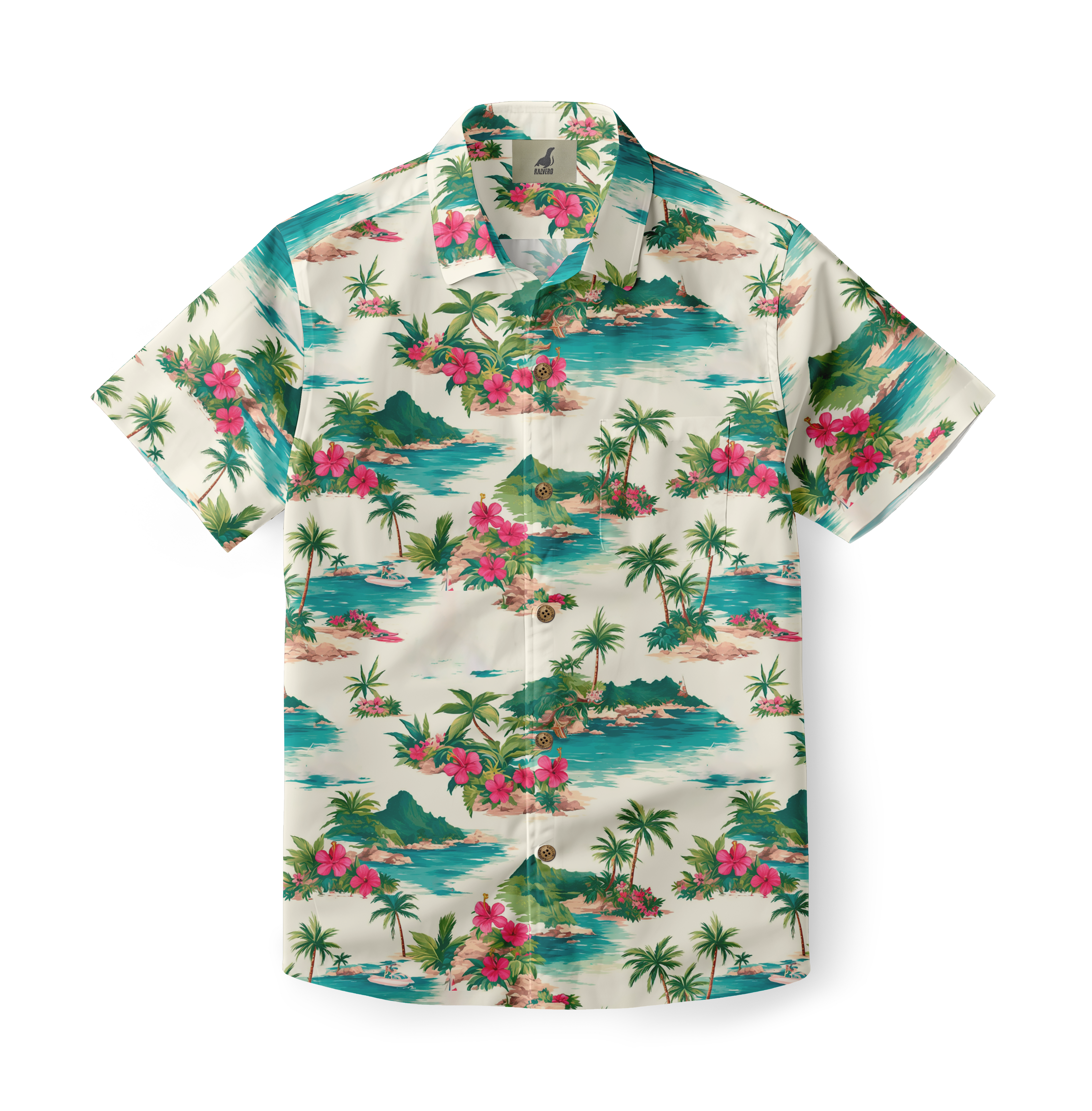 Tropical print short-sleeve shirt with palm trees, flowers.