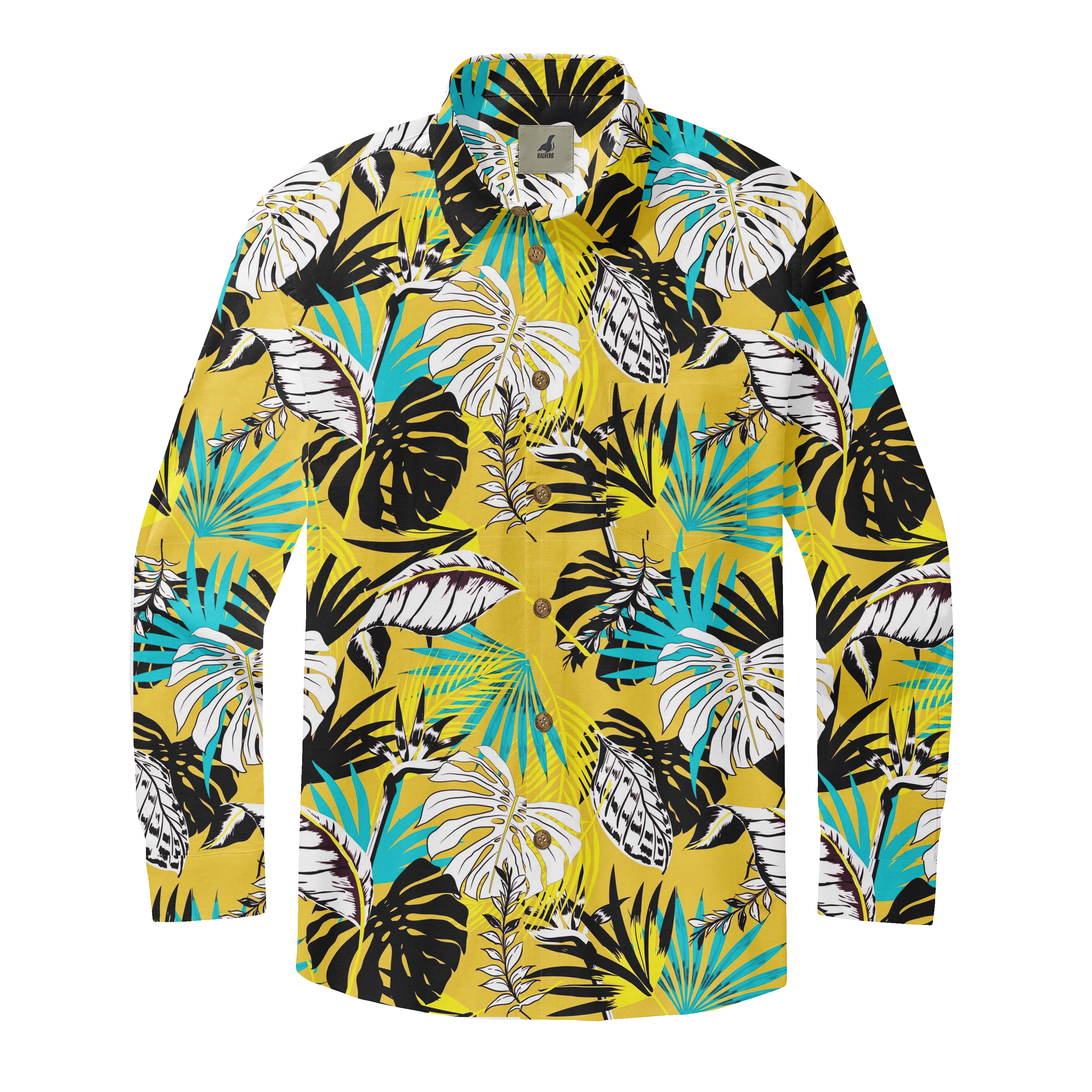 Vibrant yellow shirt with tropical leaf print in black, white.