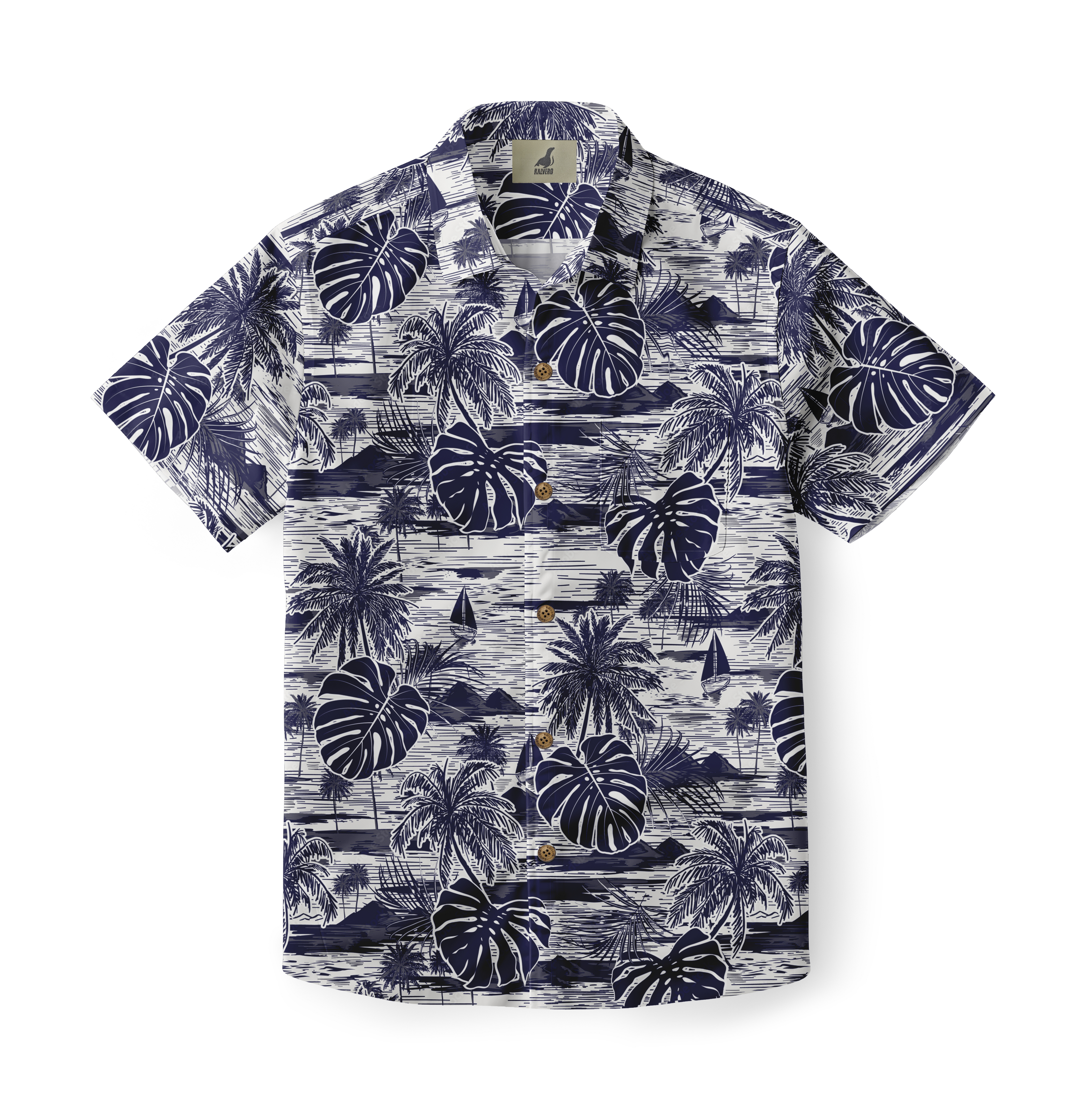 Blue tropical print shirt with palm trees and monstera leaves.