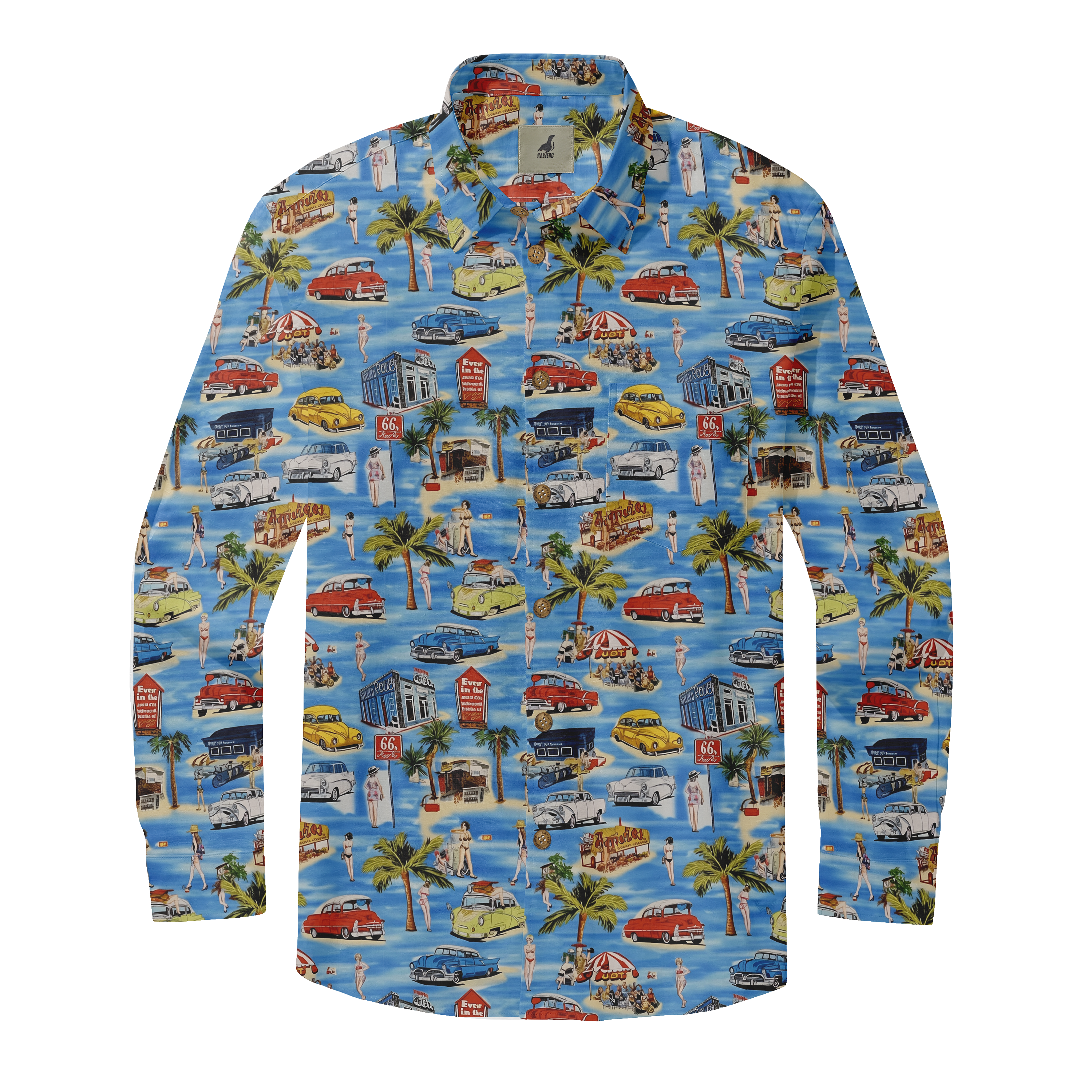 Vibrant blue shirt with retro car, palm tree, and beach scene print.
