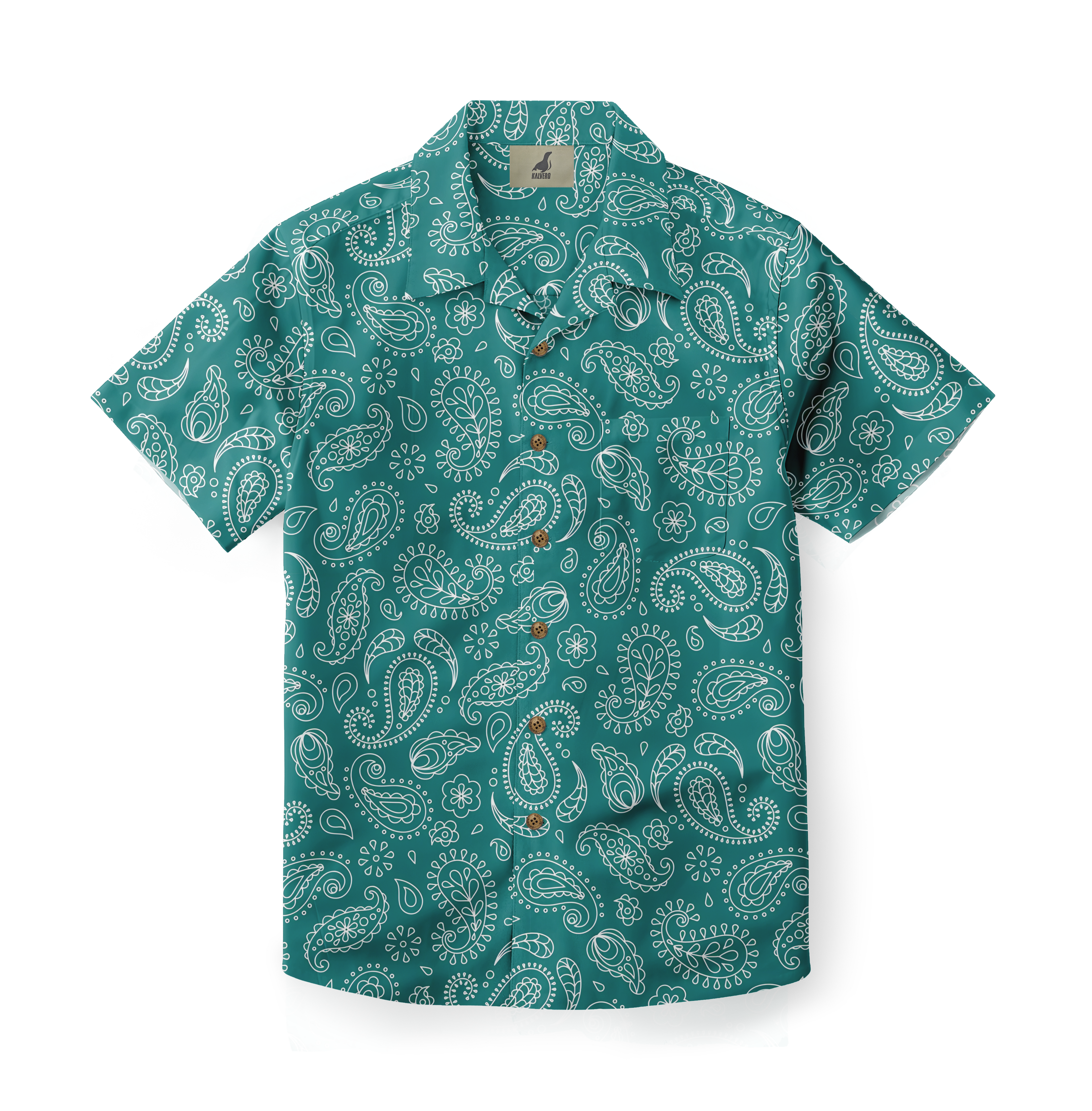 Teal short-sleeve shirt with white paisley pattern.