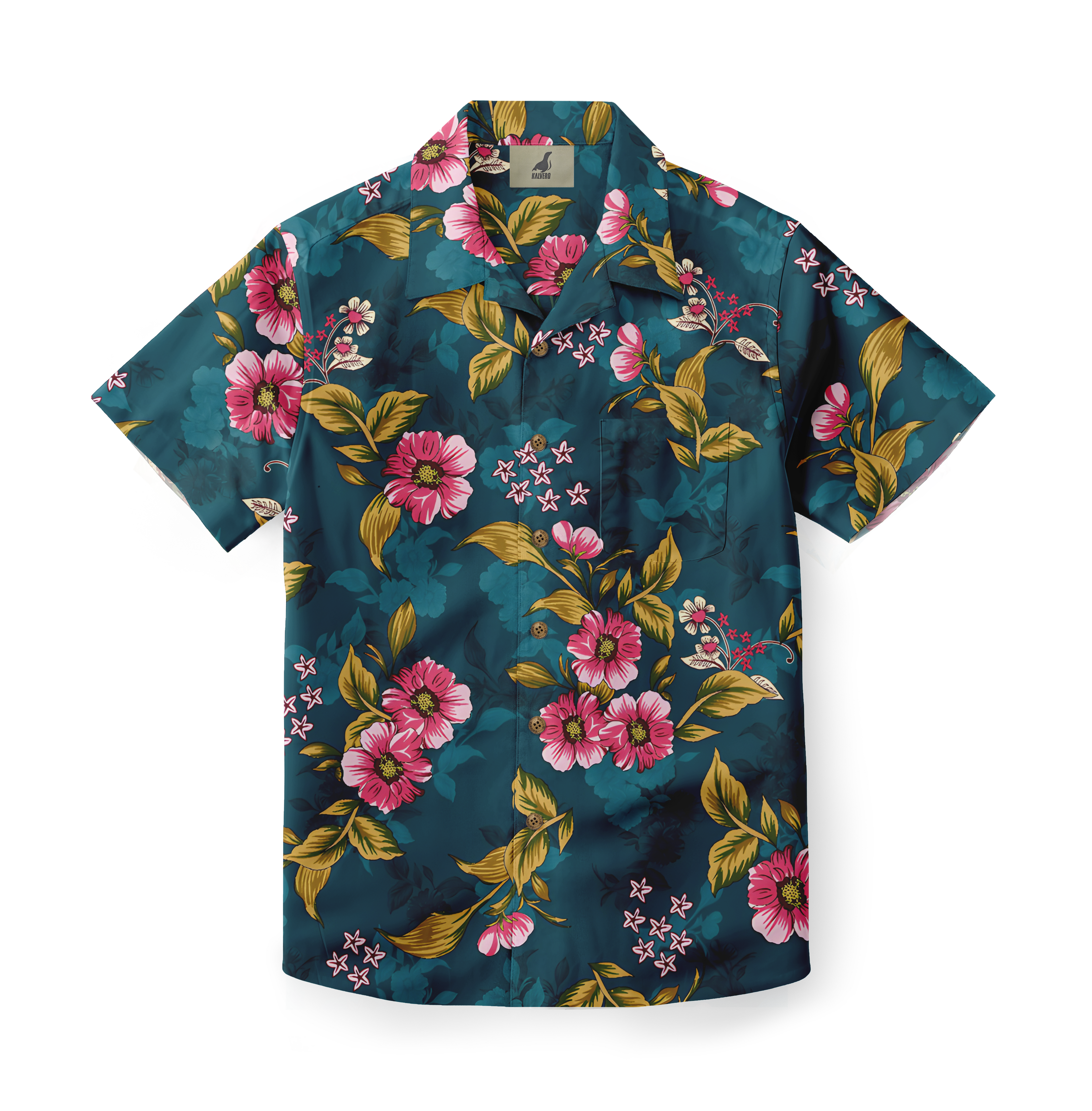 Dark blue Hawaiian shirt with pink floral pattern and green leaves.