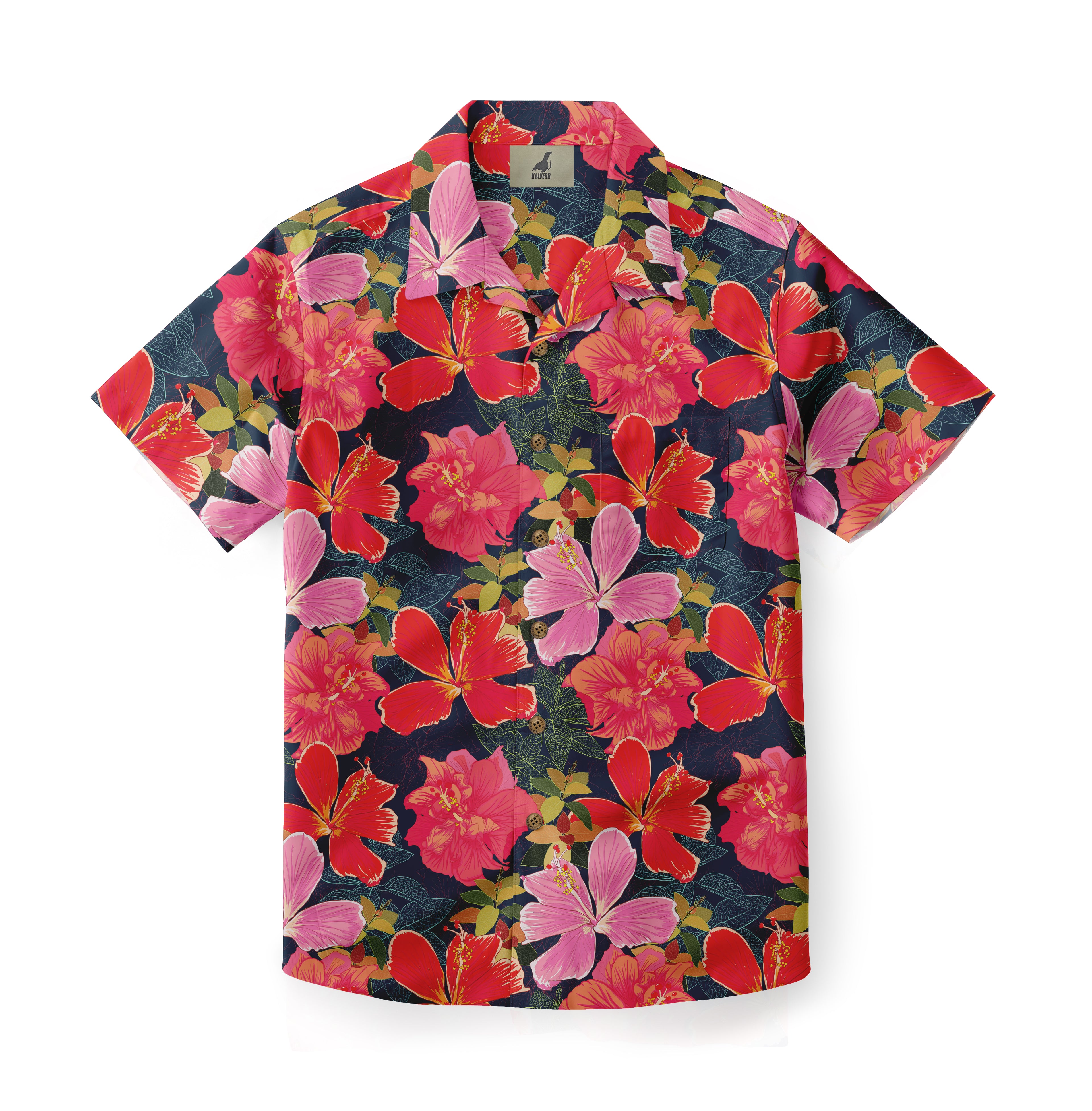 Vibrant floral Hawaiian shirt with red and pink hibiscus on dark.