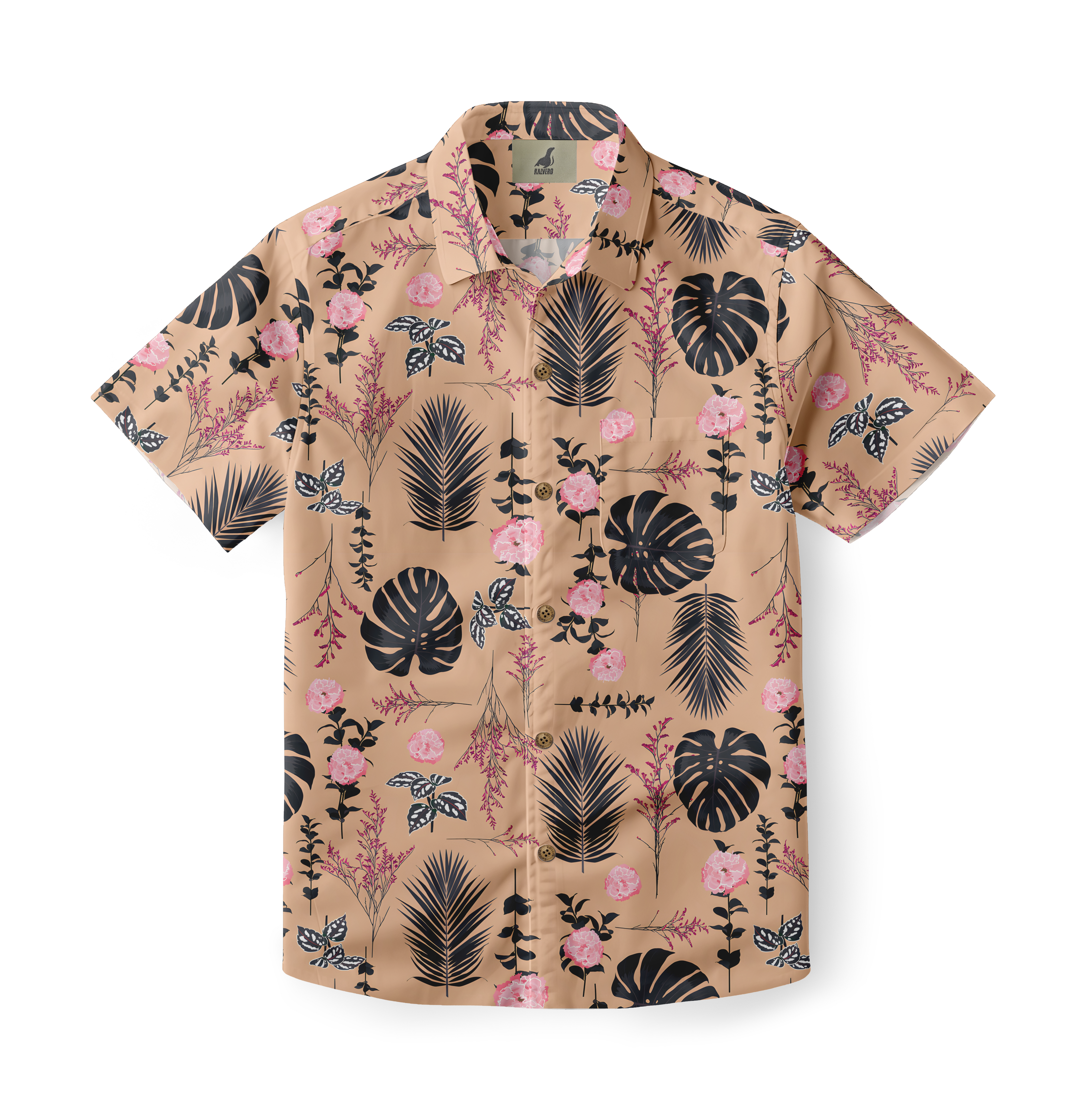 Beige short-sleeve shirt with tropical leaf and pink floral pattern.