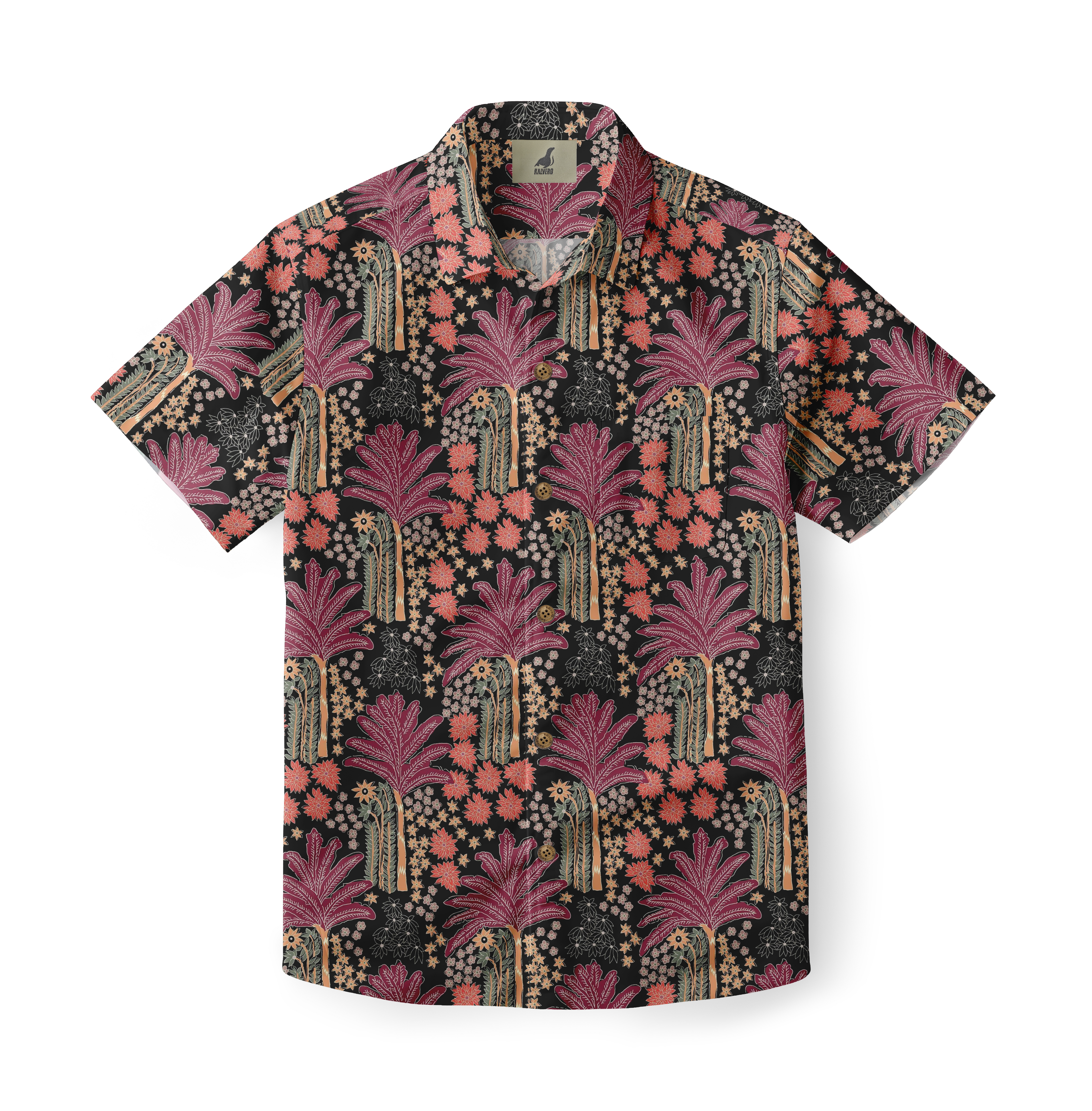 Black shirt with red palm tree and floral pattern.