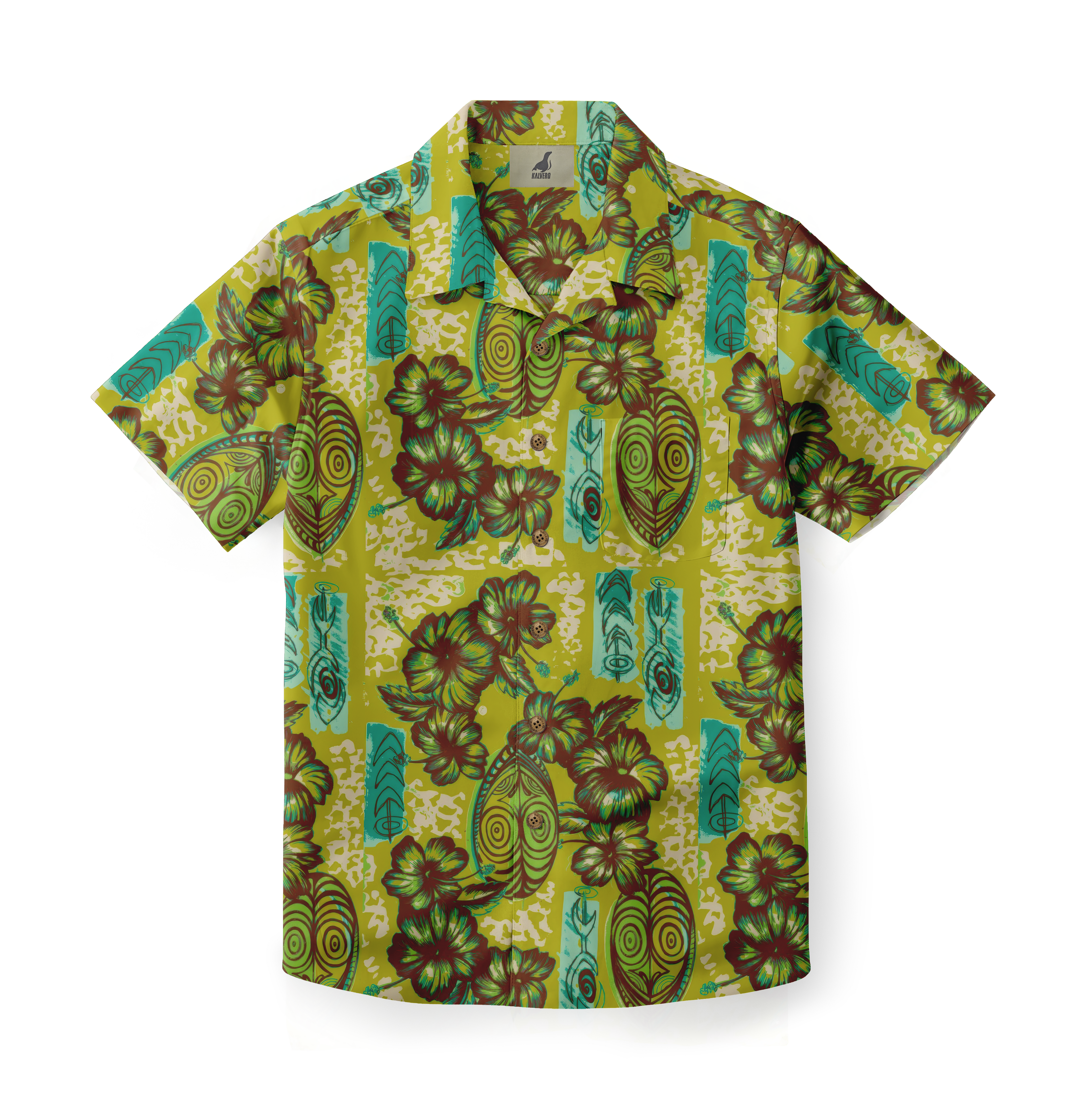 Yellow Hawaiian shirt with green floral and leaf patterns.