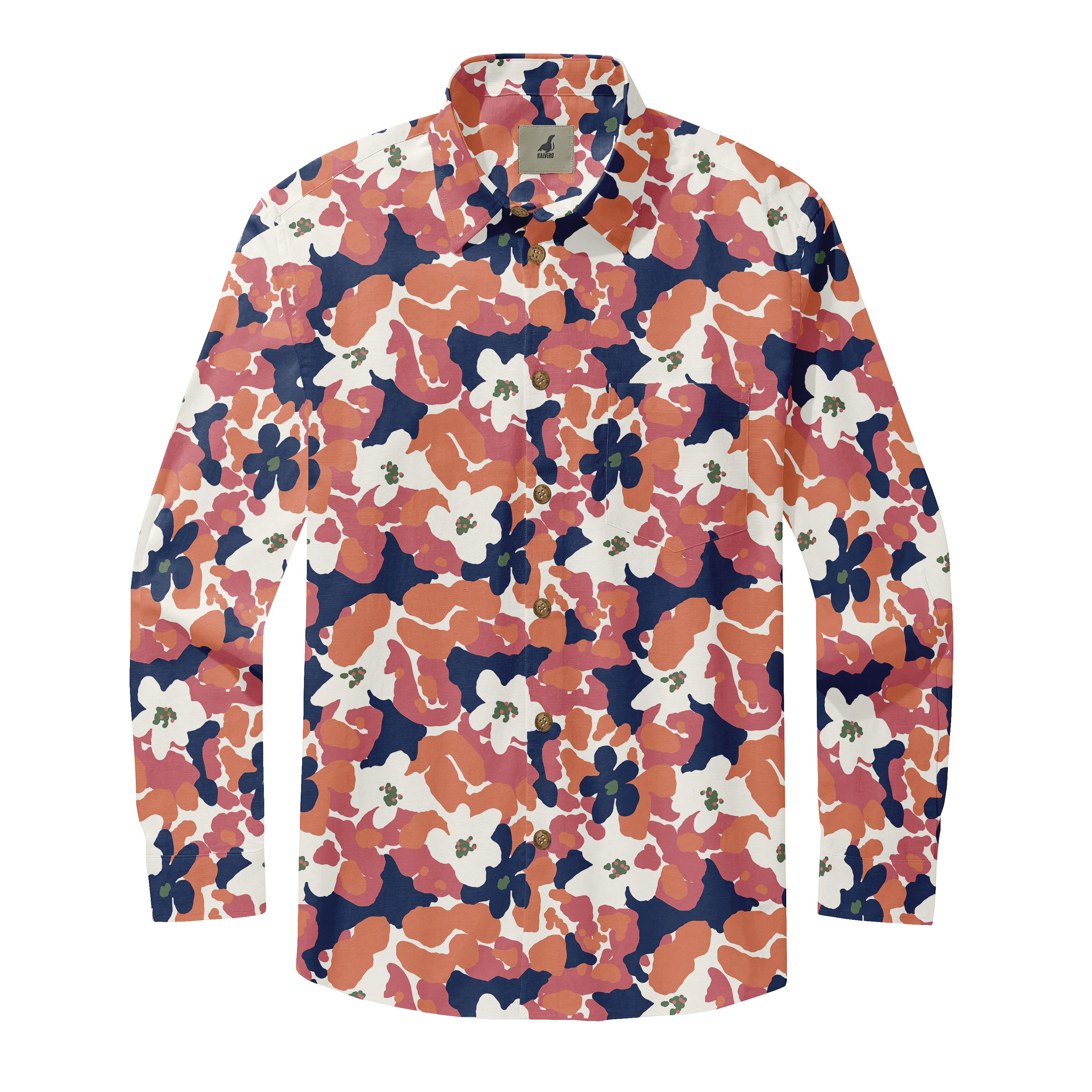 Long-sleeve floral shirt with vibrant orange, navy, and white.