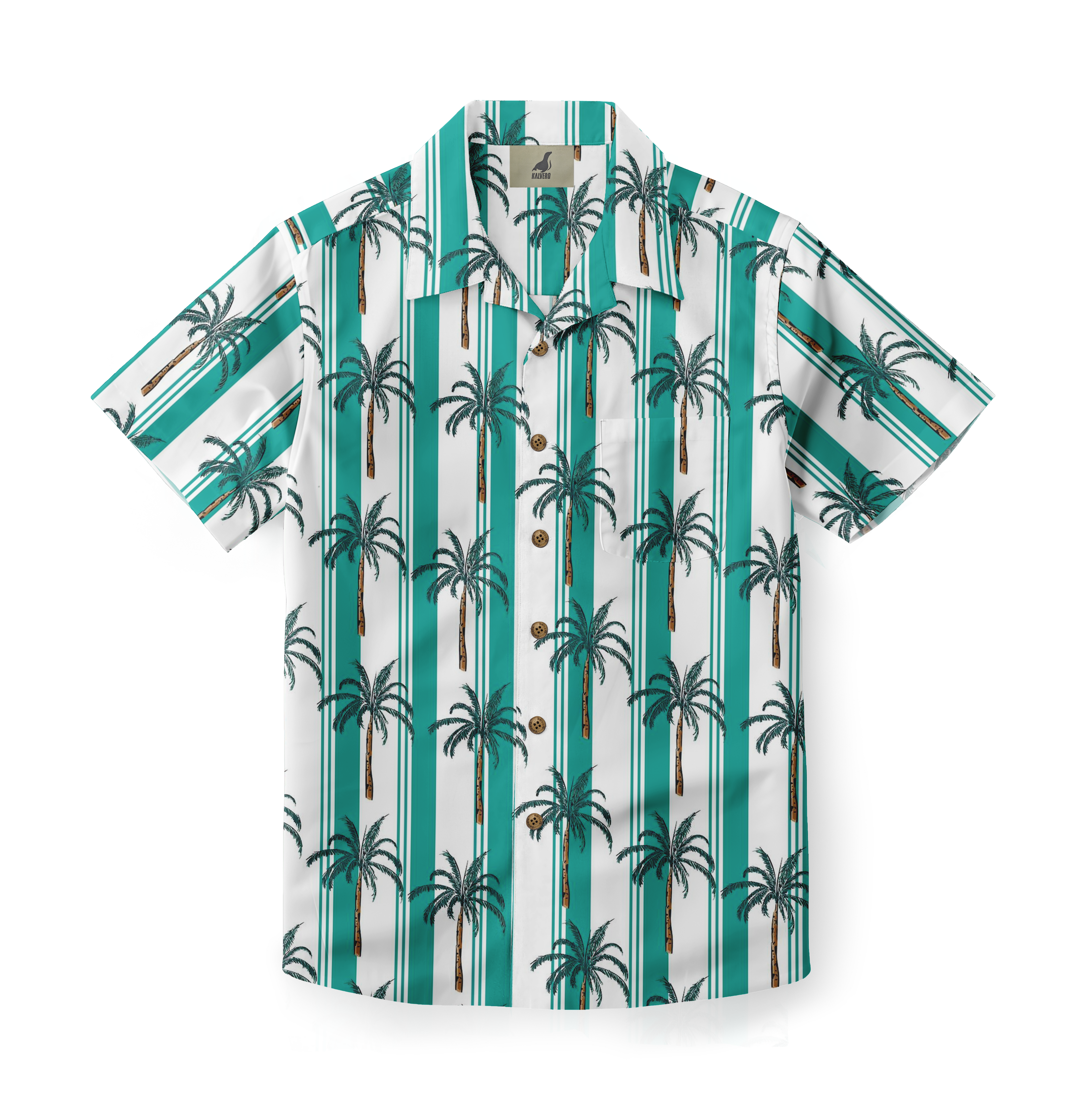 Tropical shirt with palm tree and stripe pattern in teal and white.