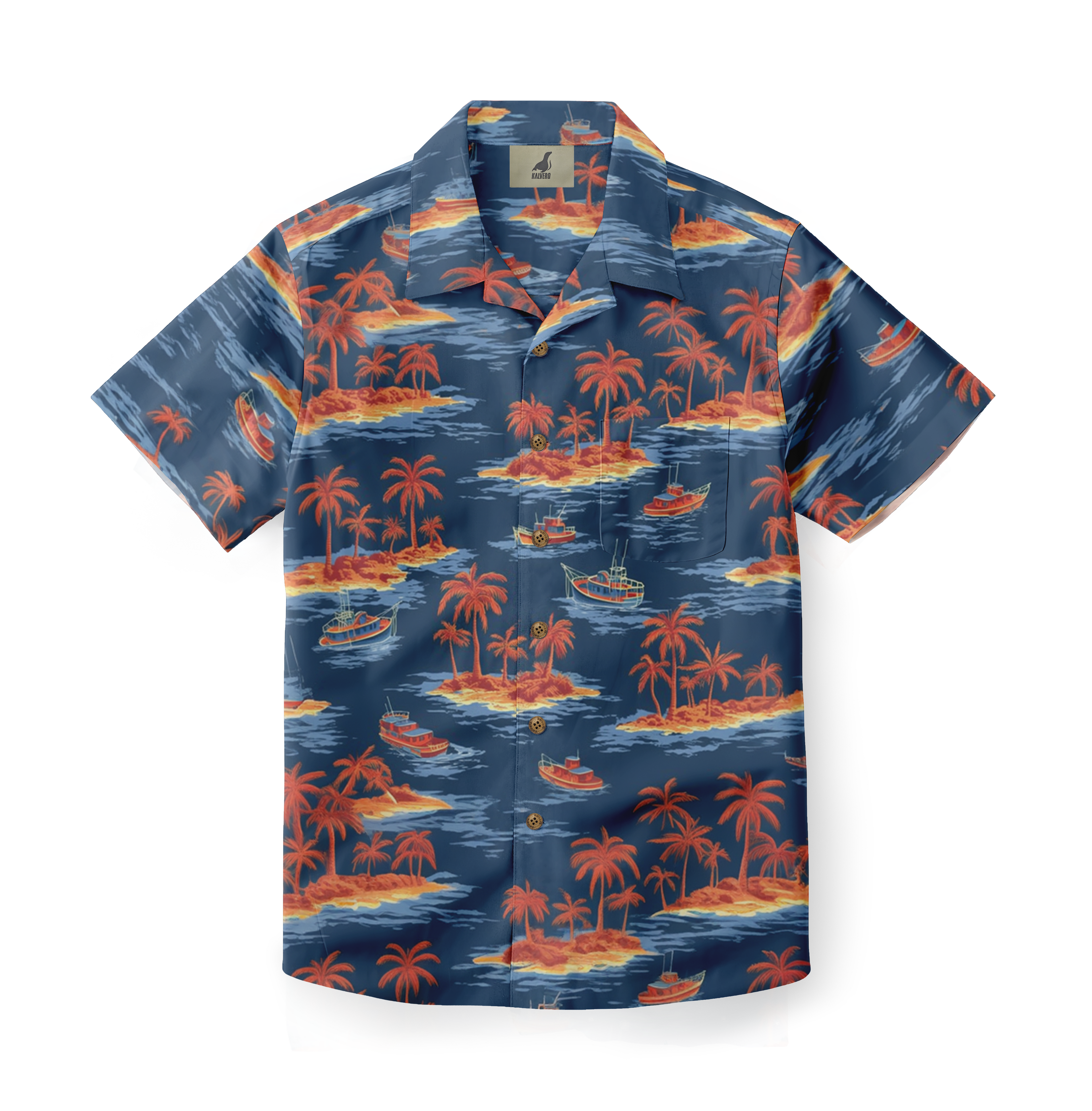 Blue Hawaiian shirt with tropical islands, palm trees, and boats.