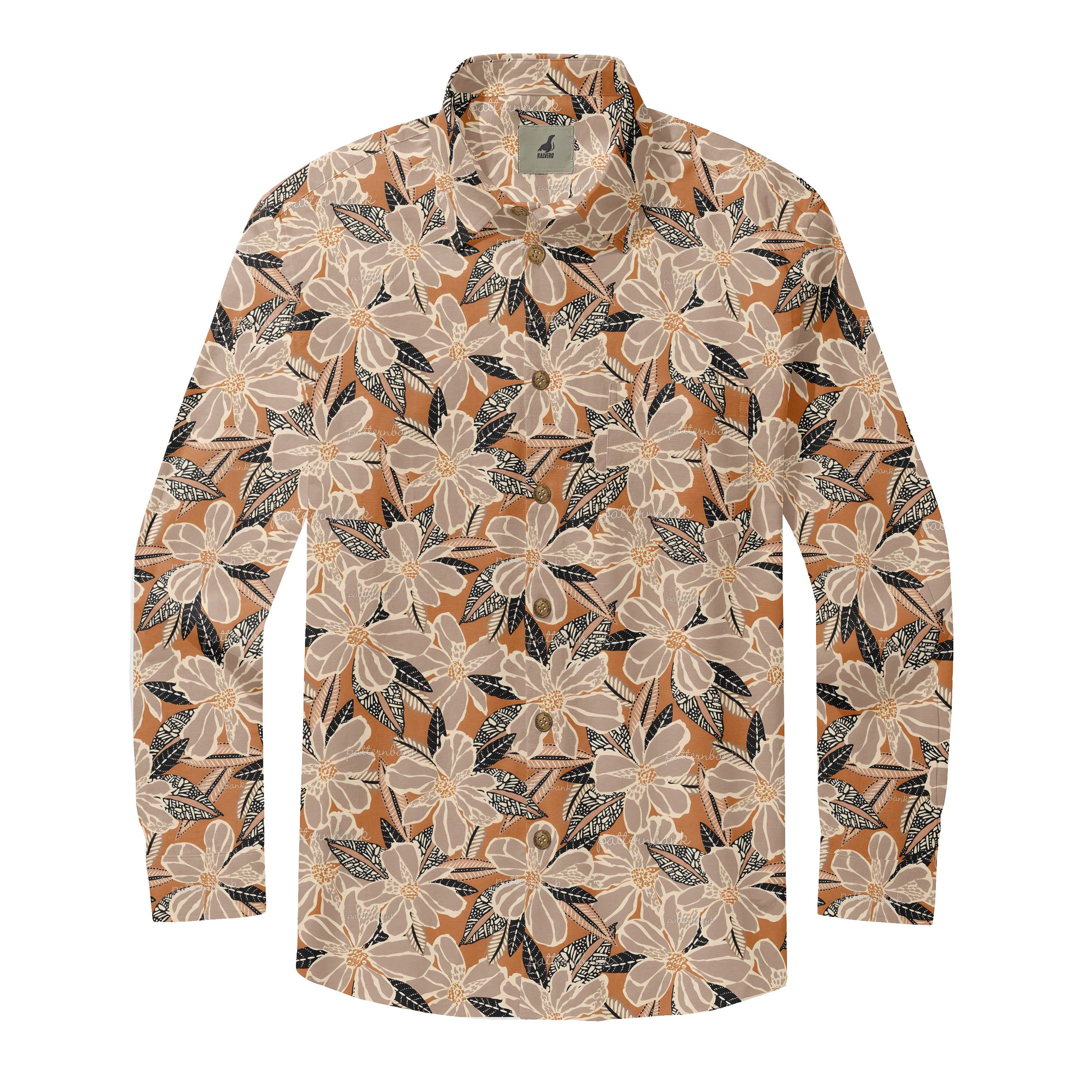 Long-sleeve floral shirt with beige and brown pattern, featuring.