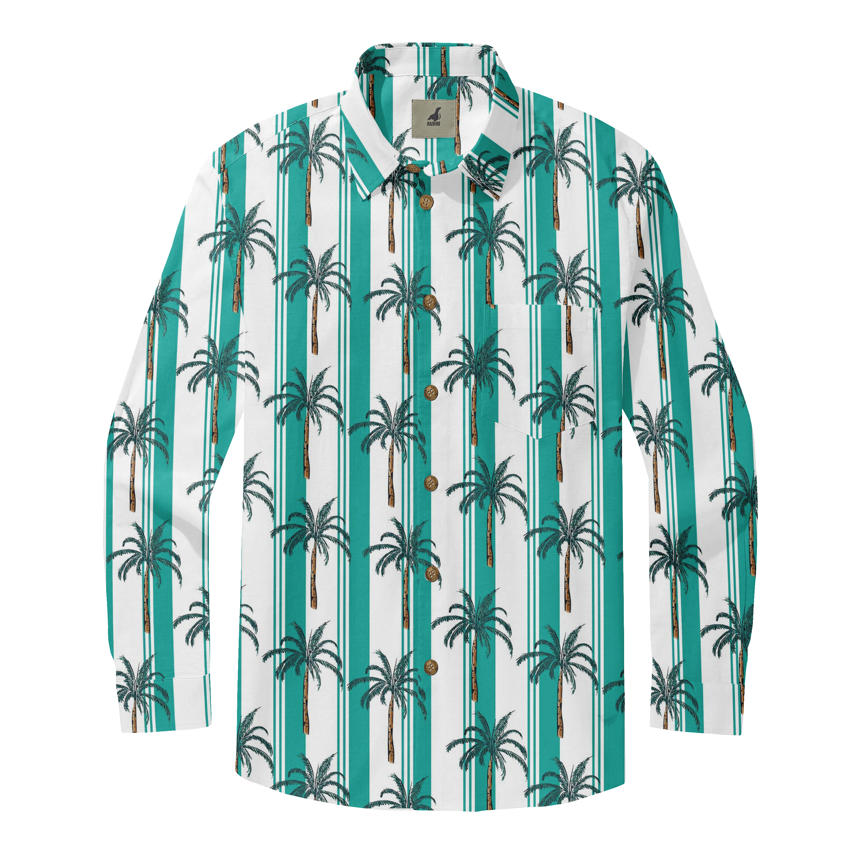 Tropical shirt with palm tree print on teal and white stripes.