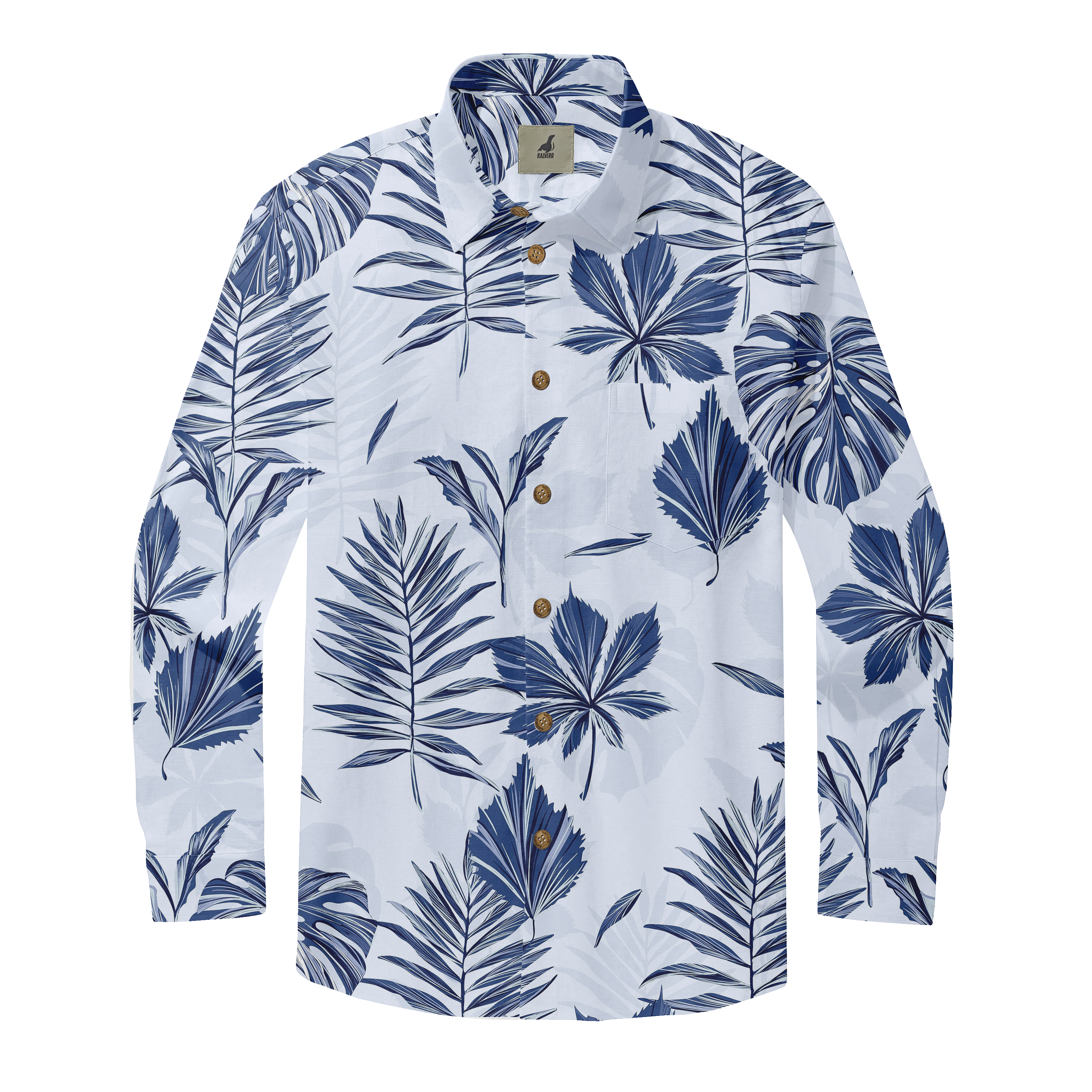 White long-sleeve shirt with blue tropical leaf print and wooden.