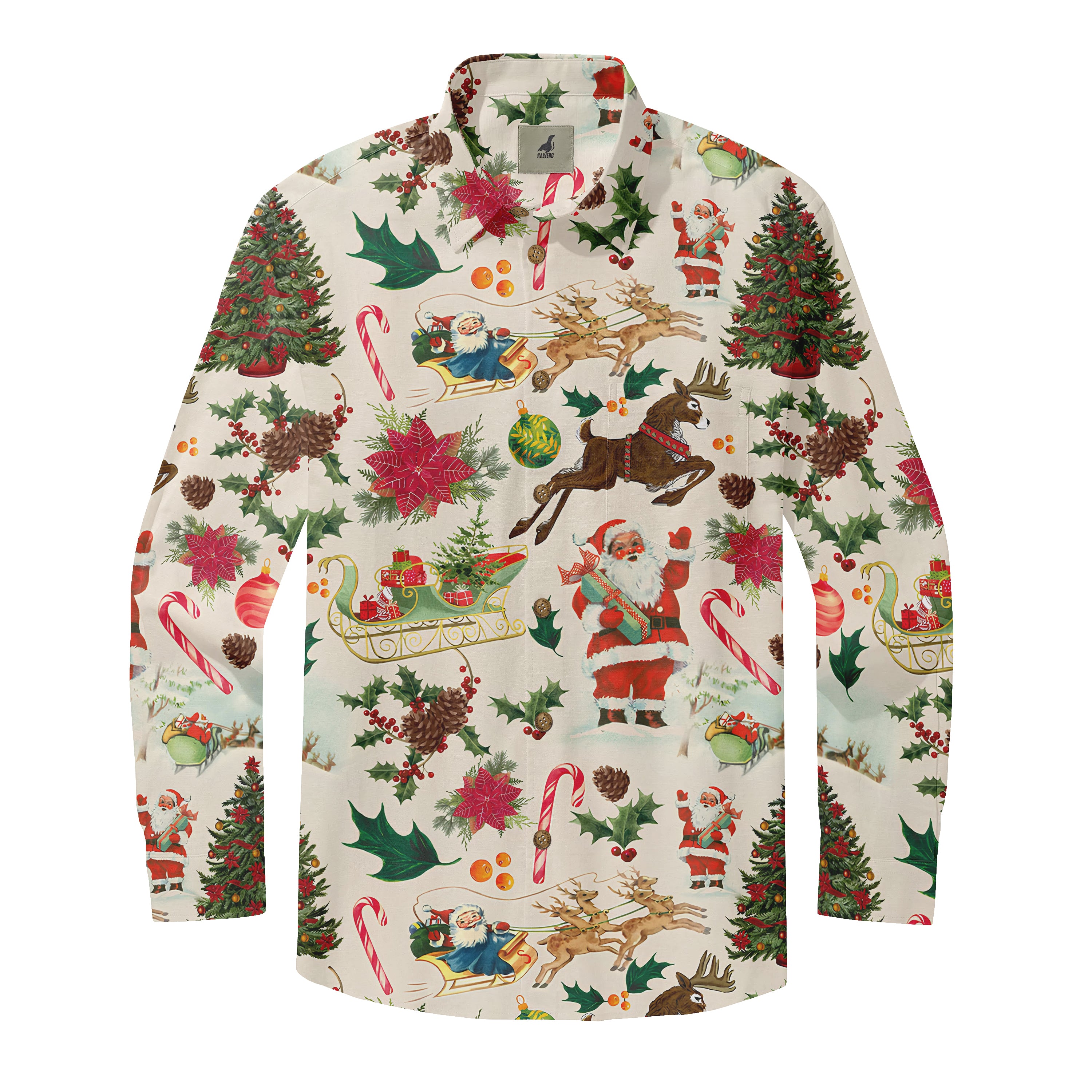 Christmas-themed long-sleeve shirt with festive patterns including.