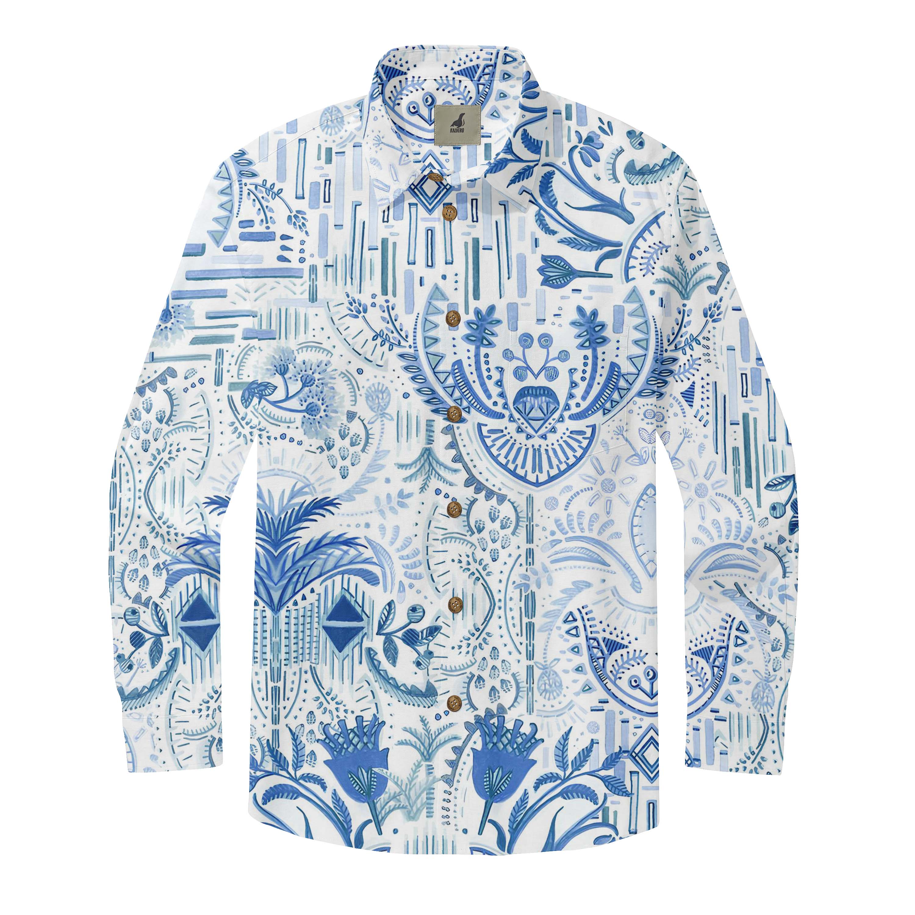 White long-sleeve shirt with intricate blue patterns, featuring.