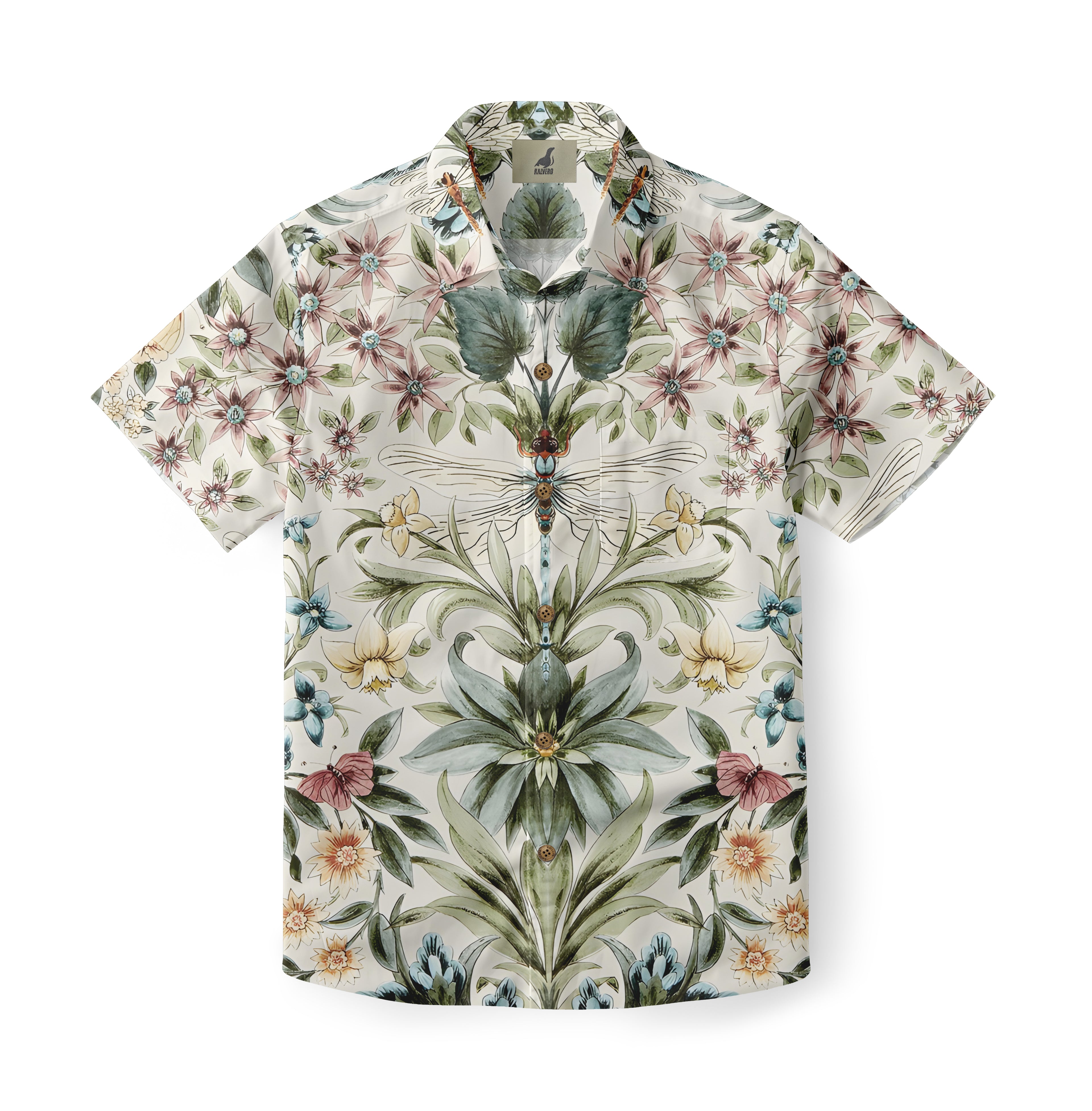 Floral-patterned short-sleeve shirt with dragonfly and botanical.
