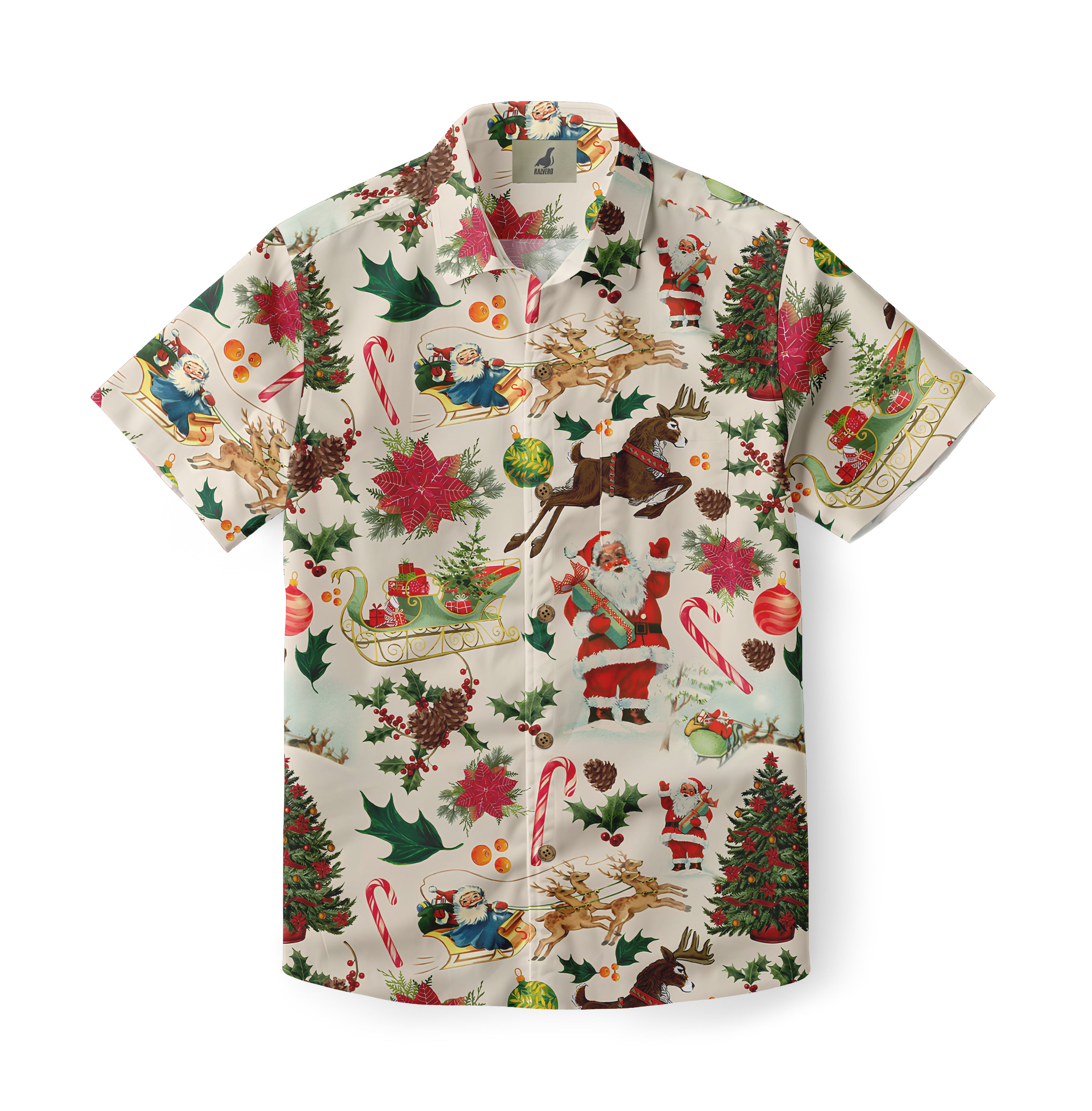 Christmas-themed Hawaiian shirt with Santa, reindeer, trees.