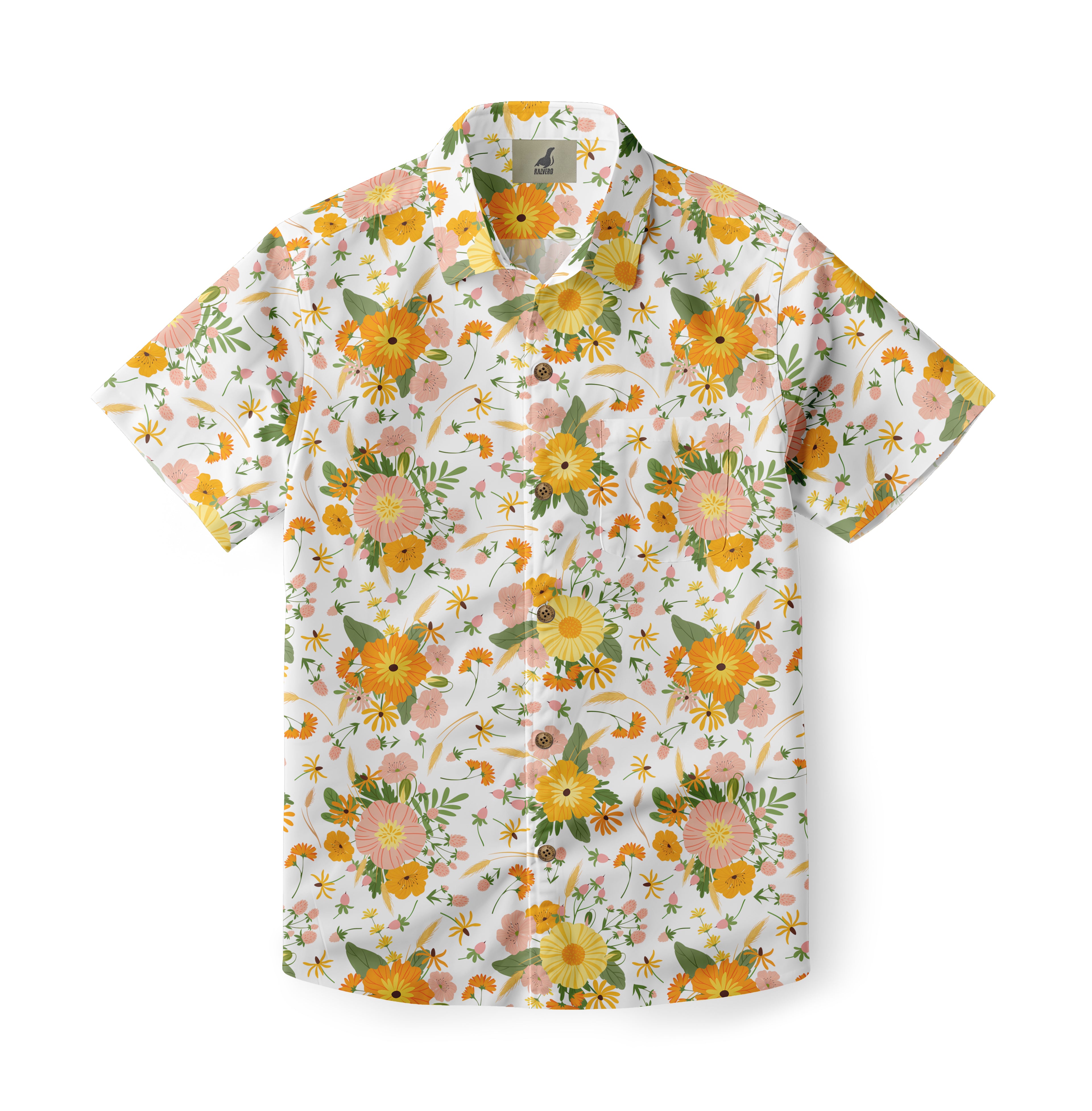 White shirt with orange, yellow, and pink floral pattern.