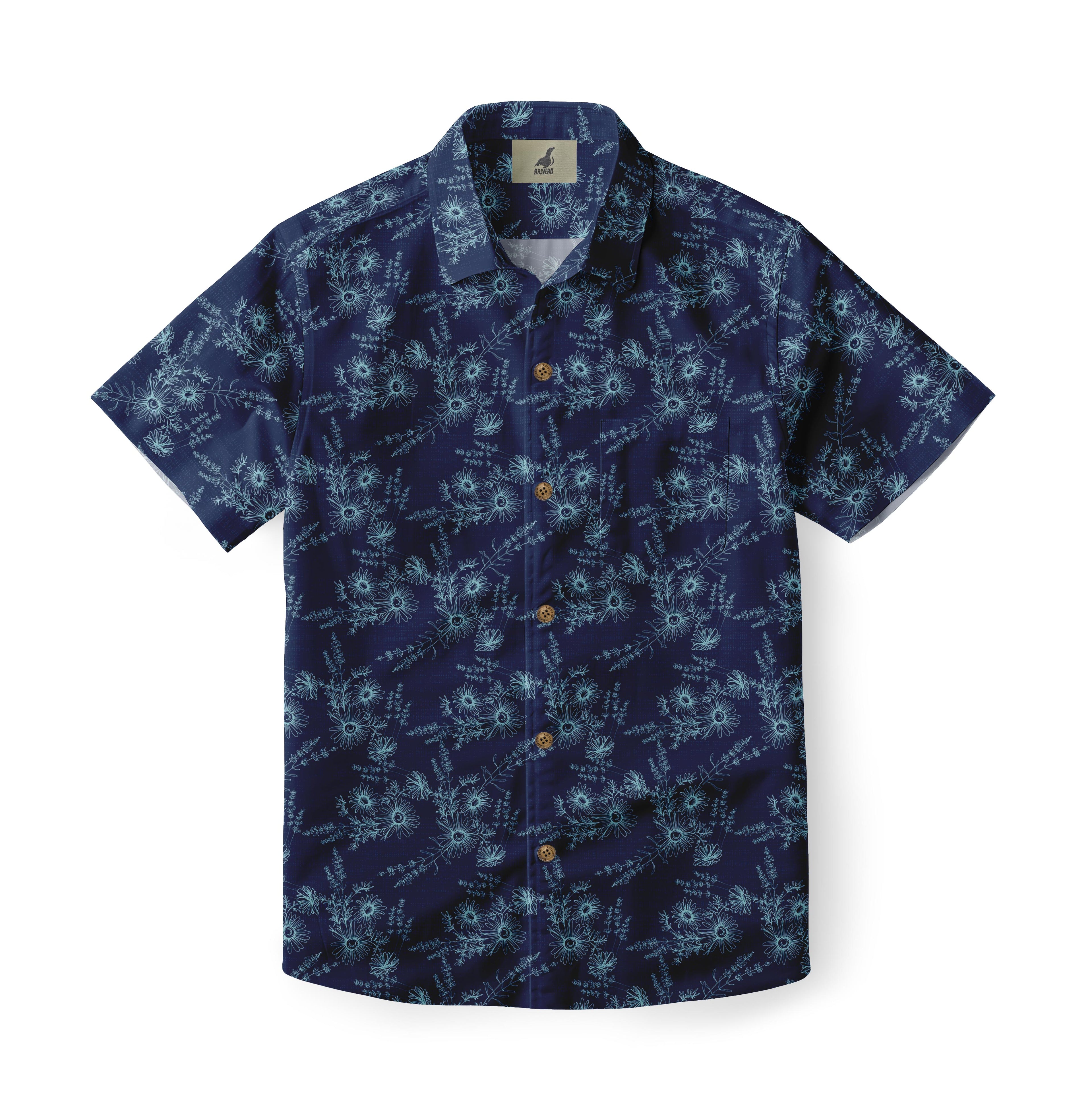 Navy blue short-sleeve shirt with light blue floral pattern.