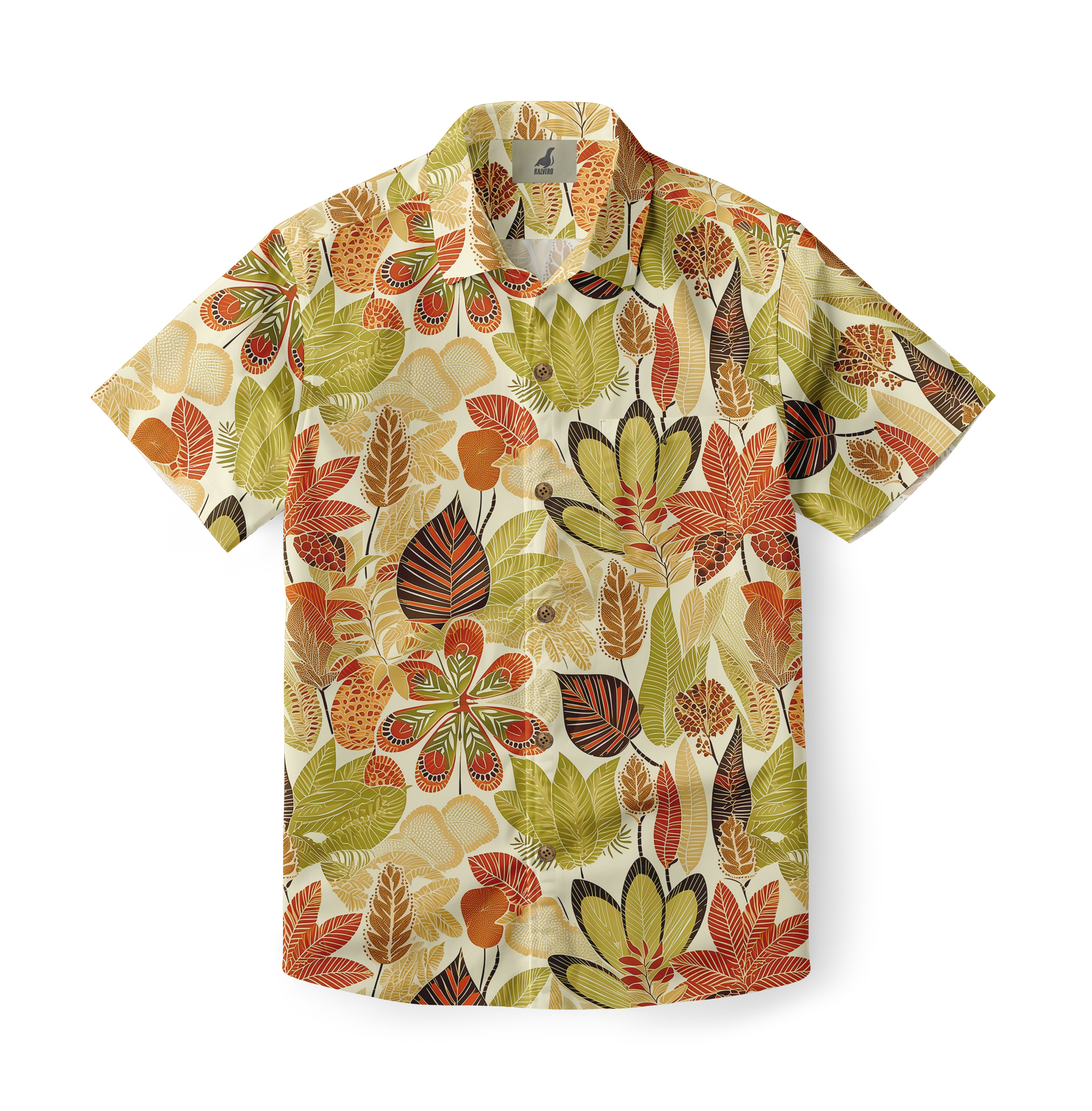 A vibrant, short-sleeved shirt with a tropical leaf pattern in warm.