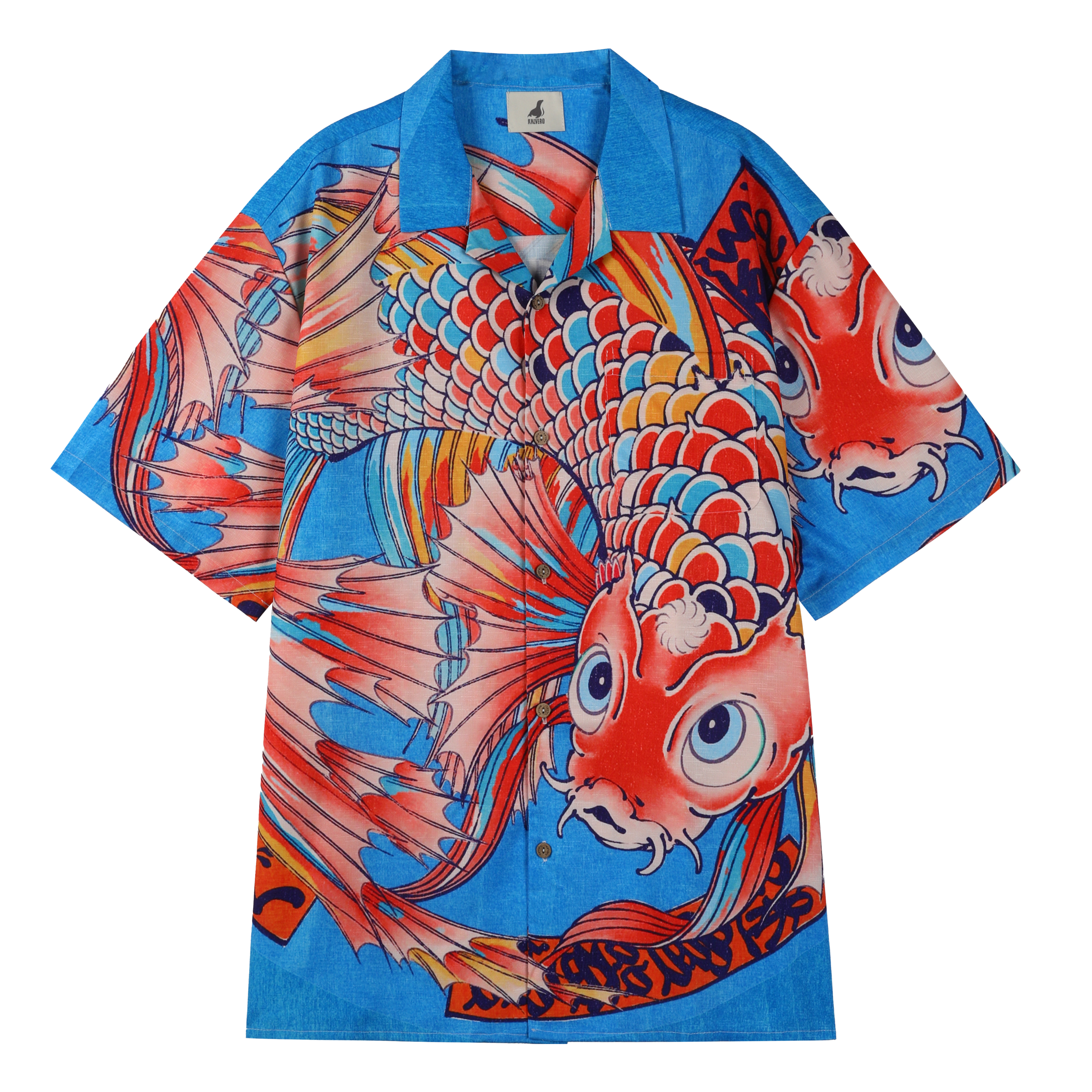 Blue shirt with vibrant koi fish design.