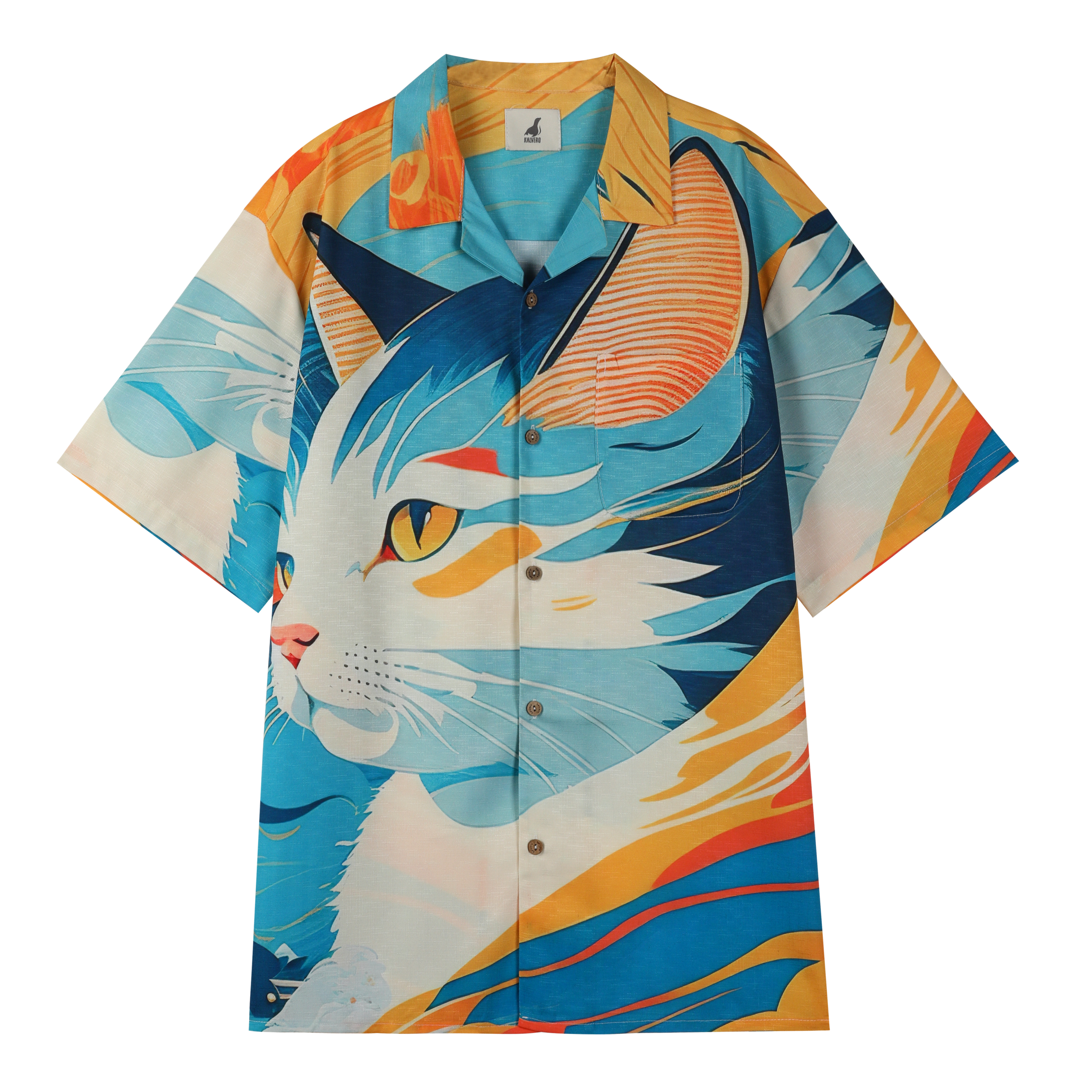 Colorful shirt with blue cat design and vibrant patterns.