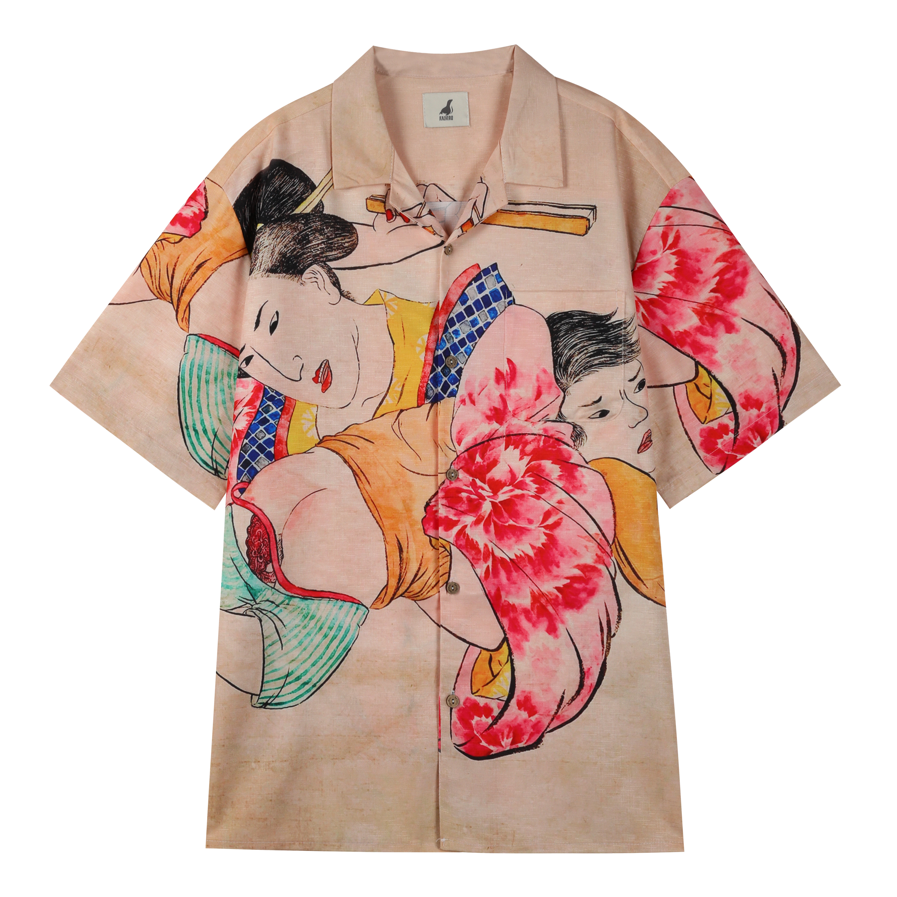 Beige shirt with colorful cartoon couple design.