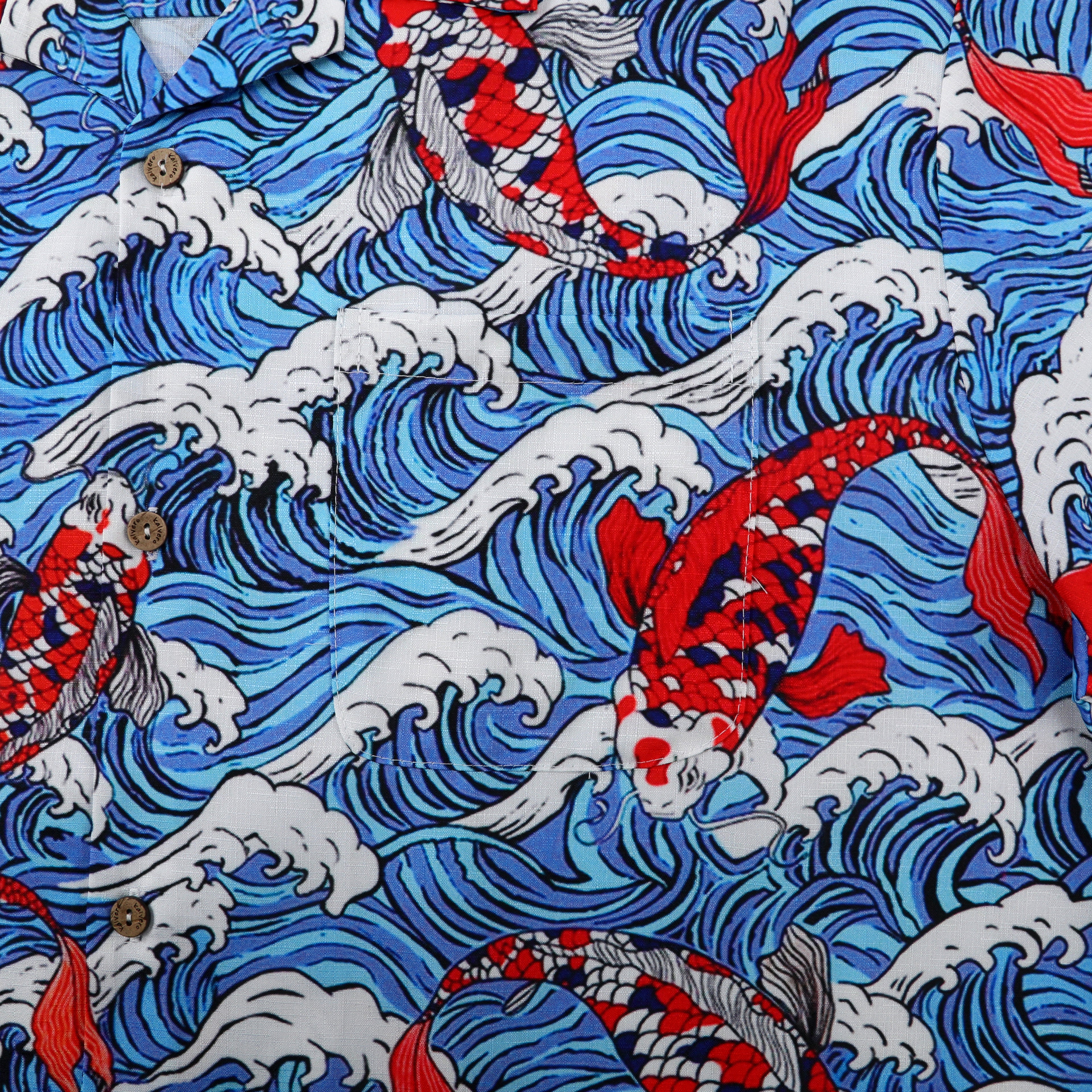 Blue wave pattern shirt with red koi fish design.