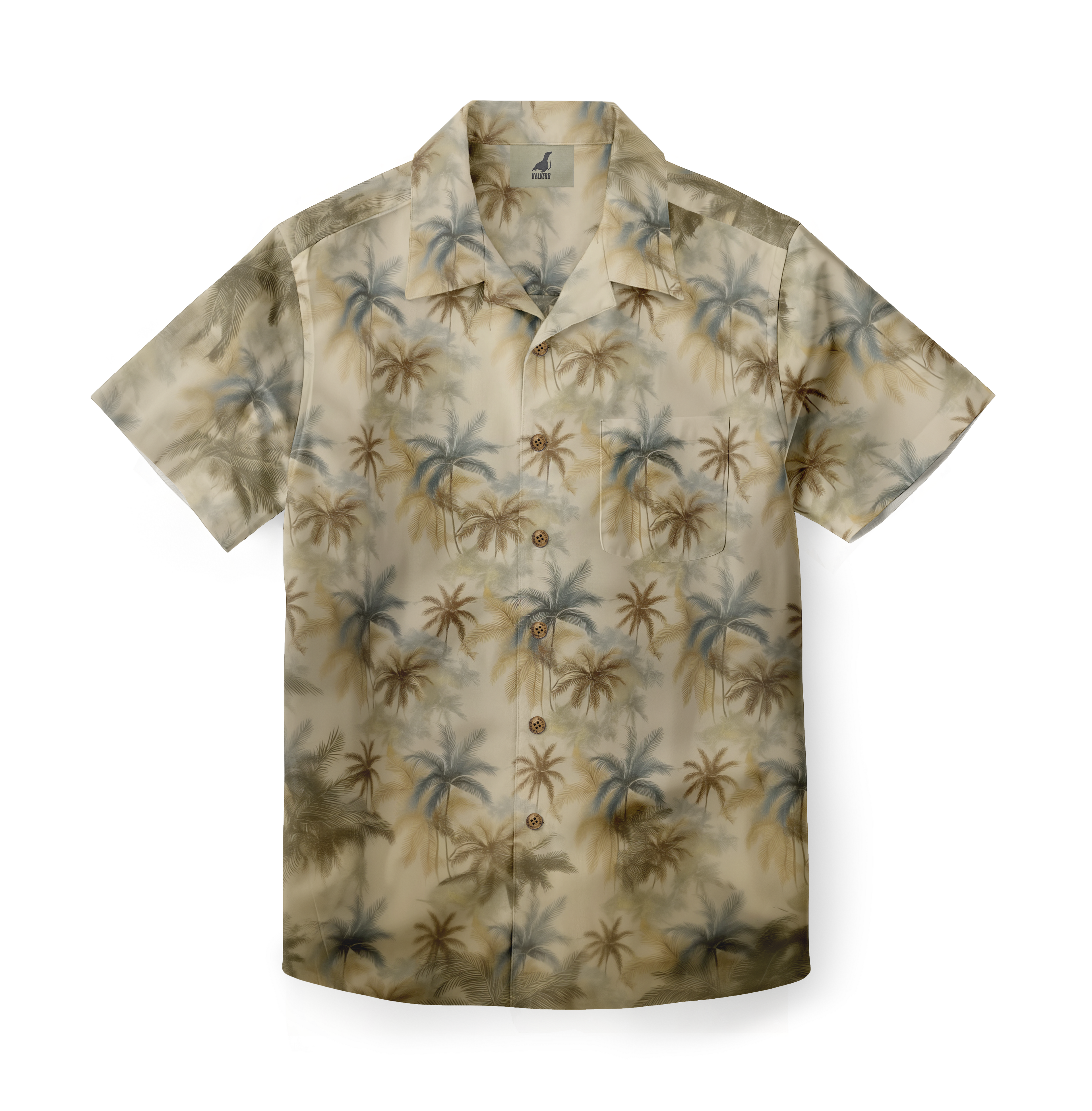 Beige short-sleeve shirt with palm tree print and chest pocket.