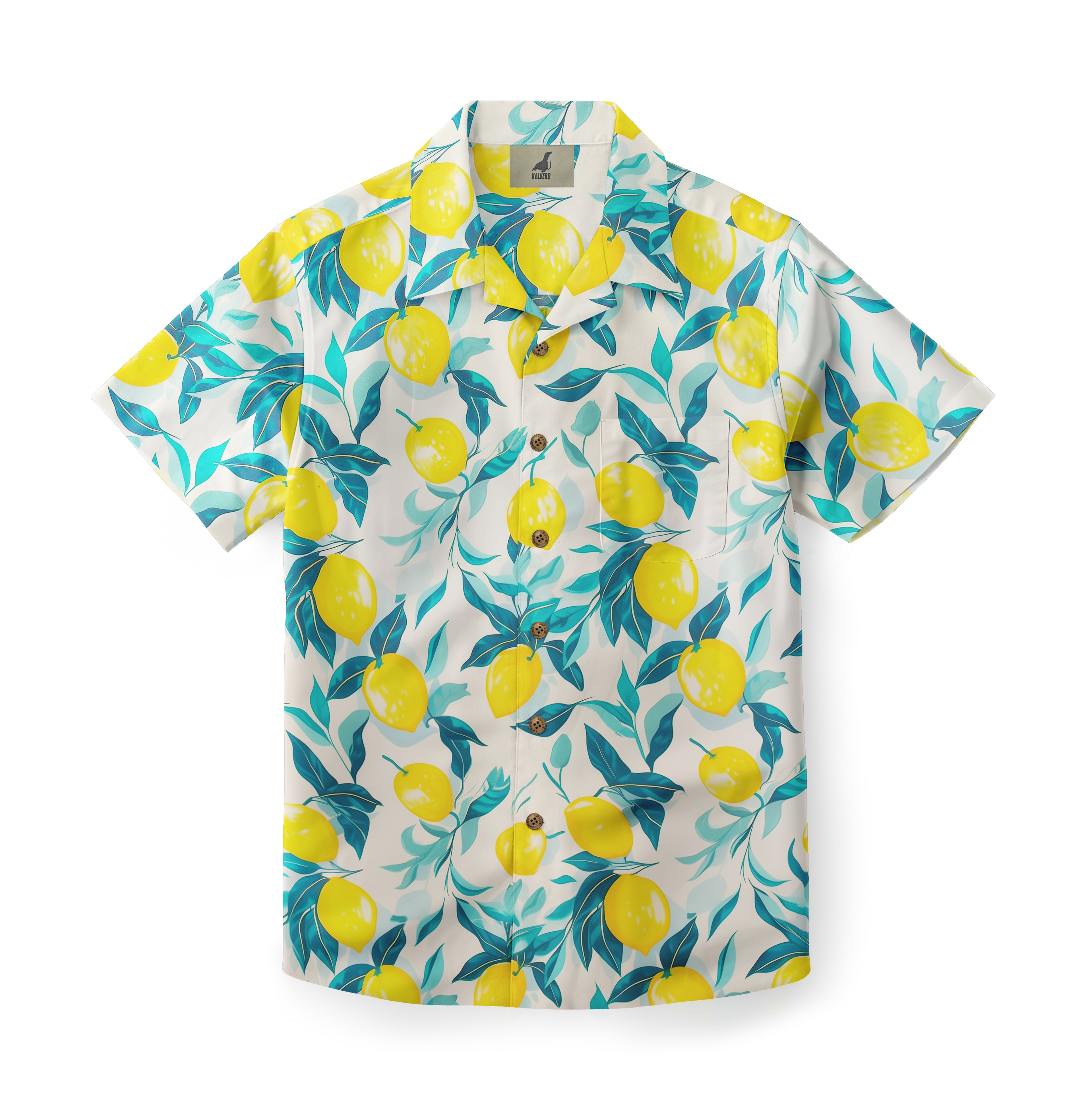 White short-sleeve shirt with vibrant yellow lemon and blue leaf.