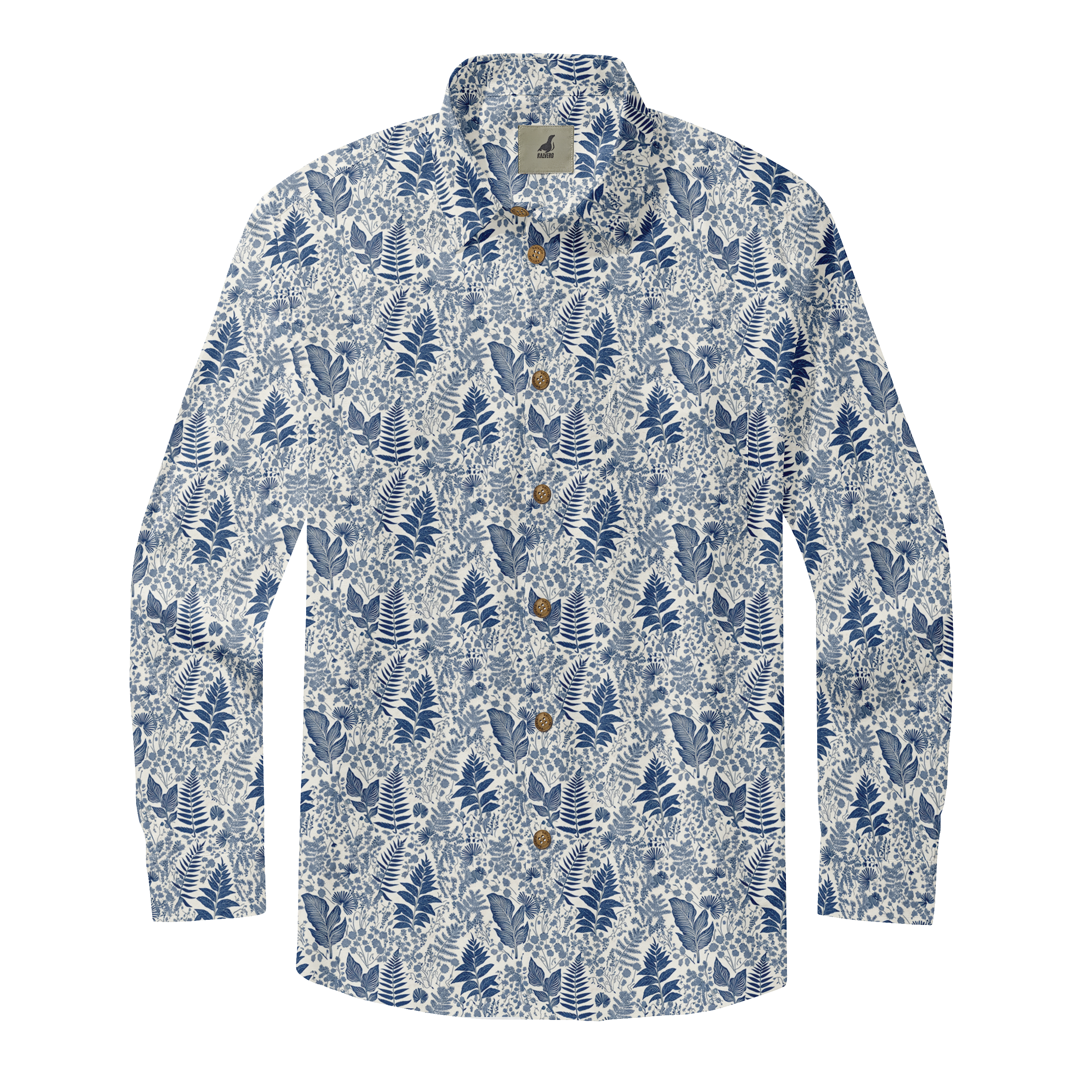 White shirt with blue botanical print, button-up design.
