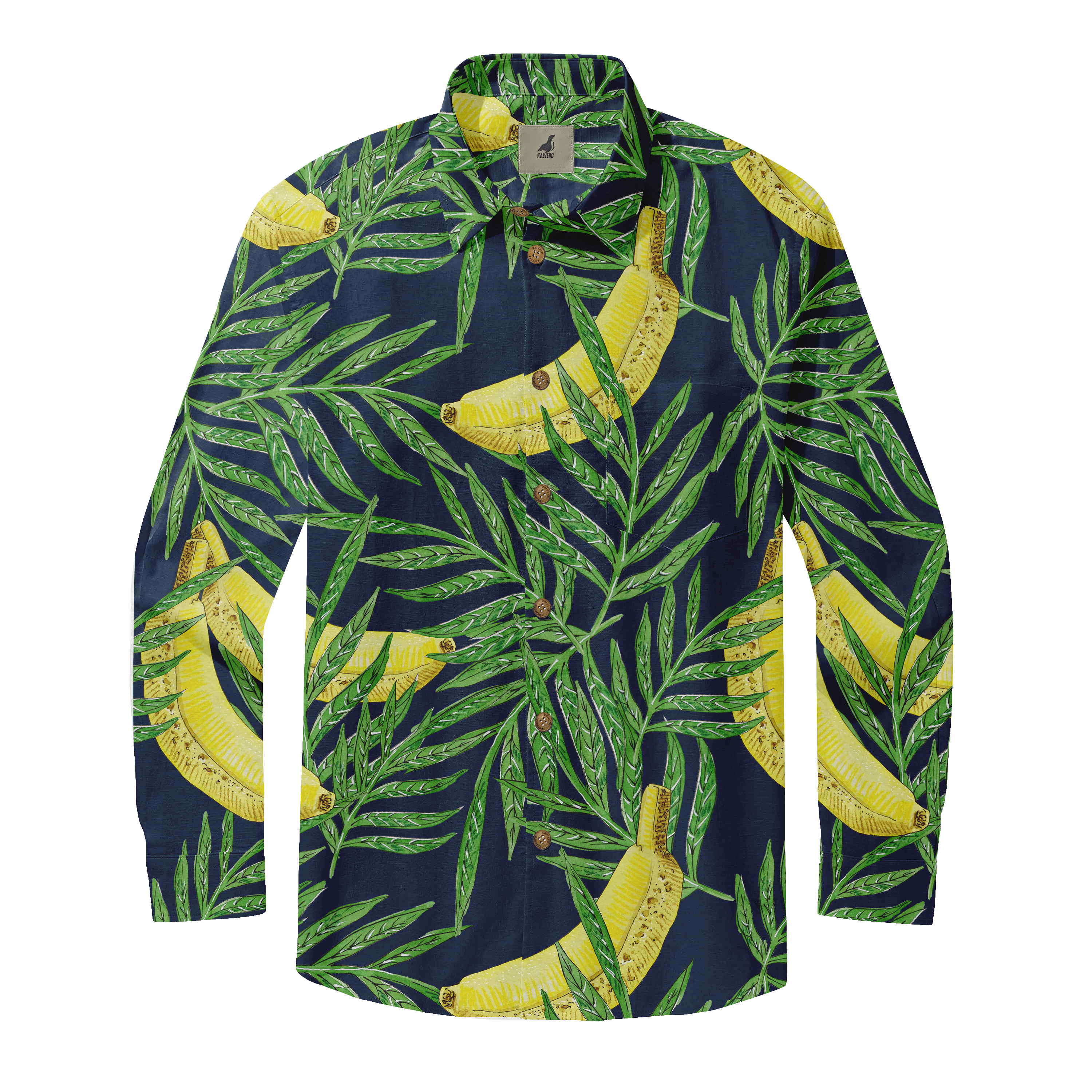 Dark blue shirt with yellow bananas and green leaves pattern.