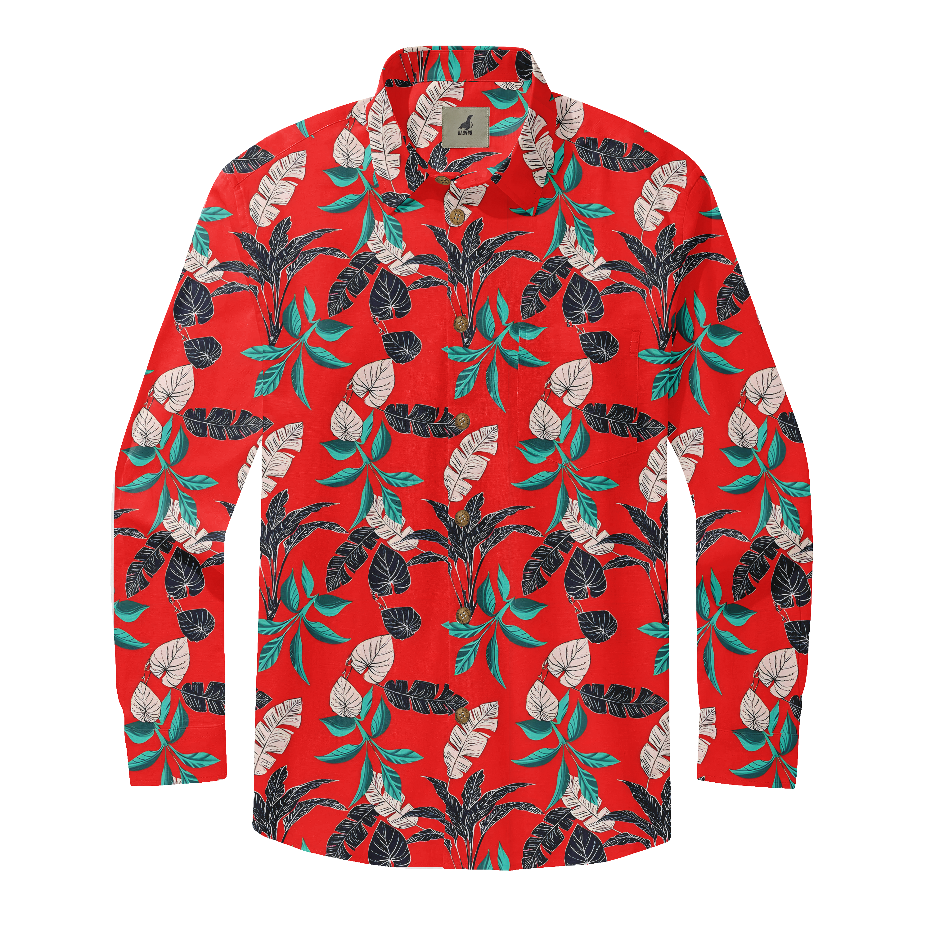 Red long-sleeve shirt with tropical leaf pattern in green, black.