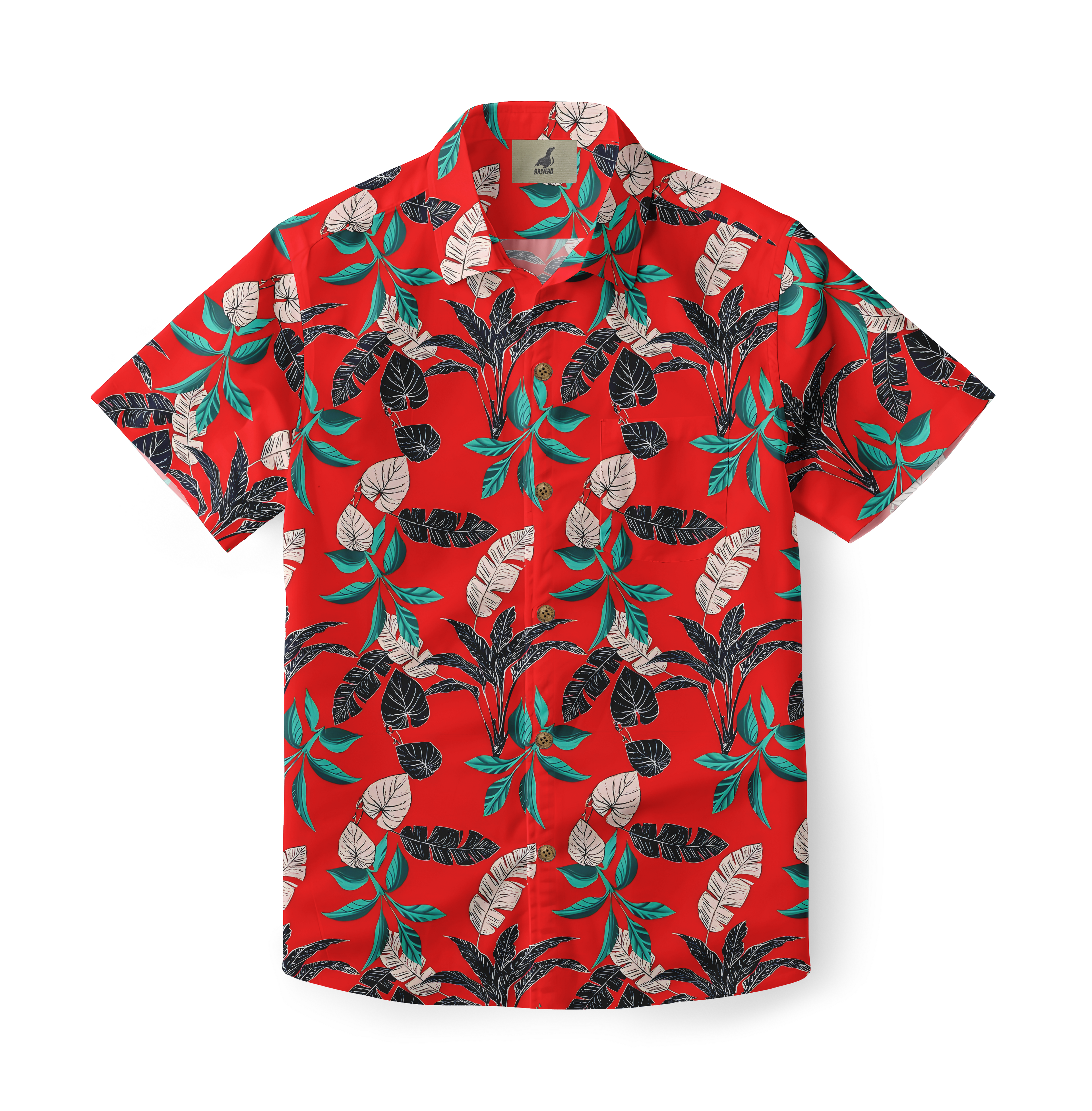 Red short-sleeve shirt with tropical leaf pattern in black, white.