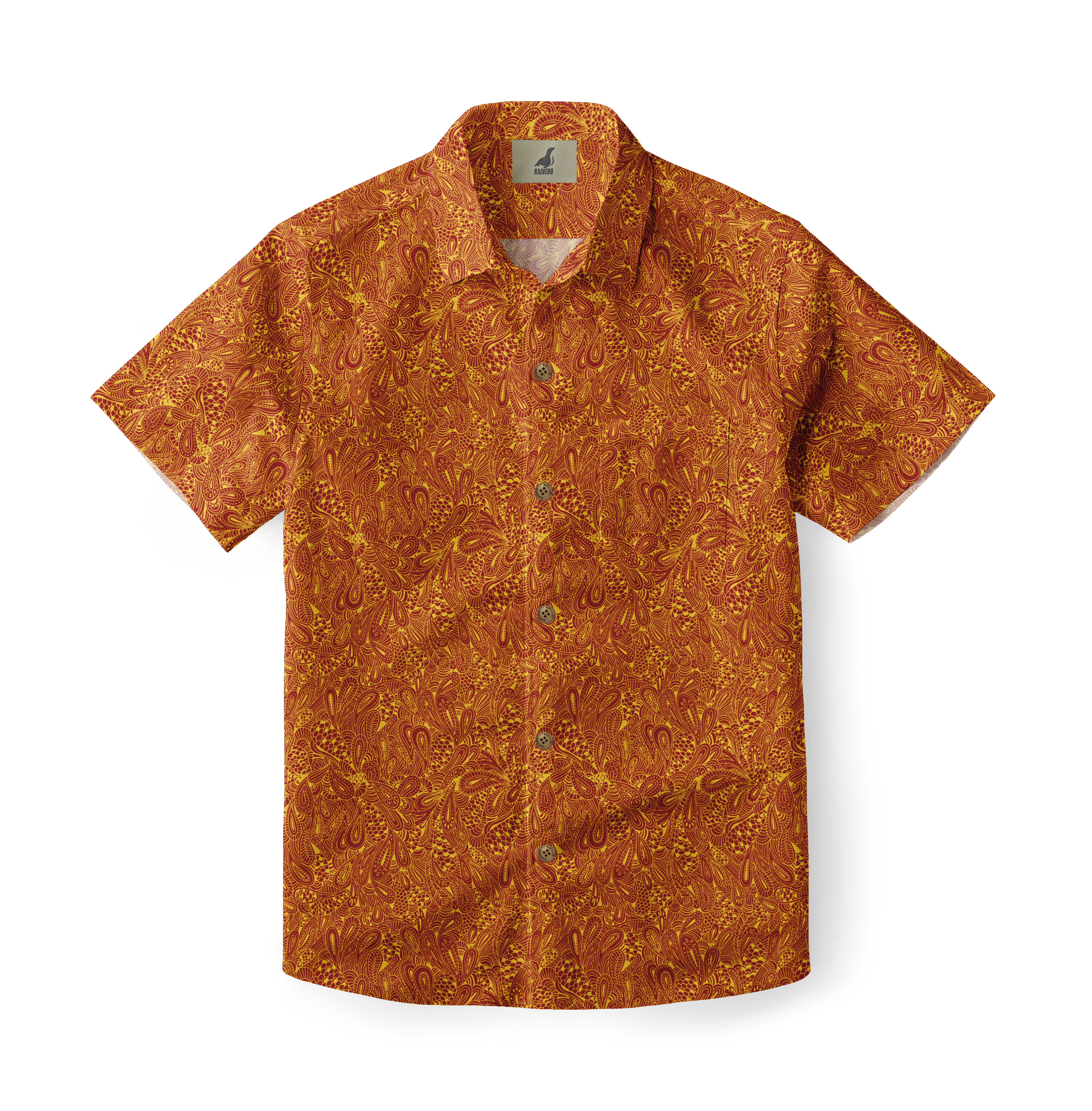 Orange short-sleeve shirt with intricate yellow paisley pattern.