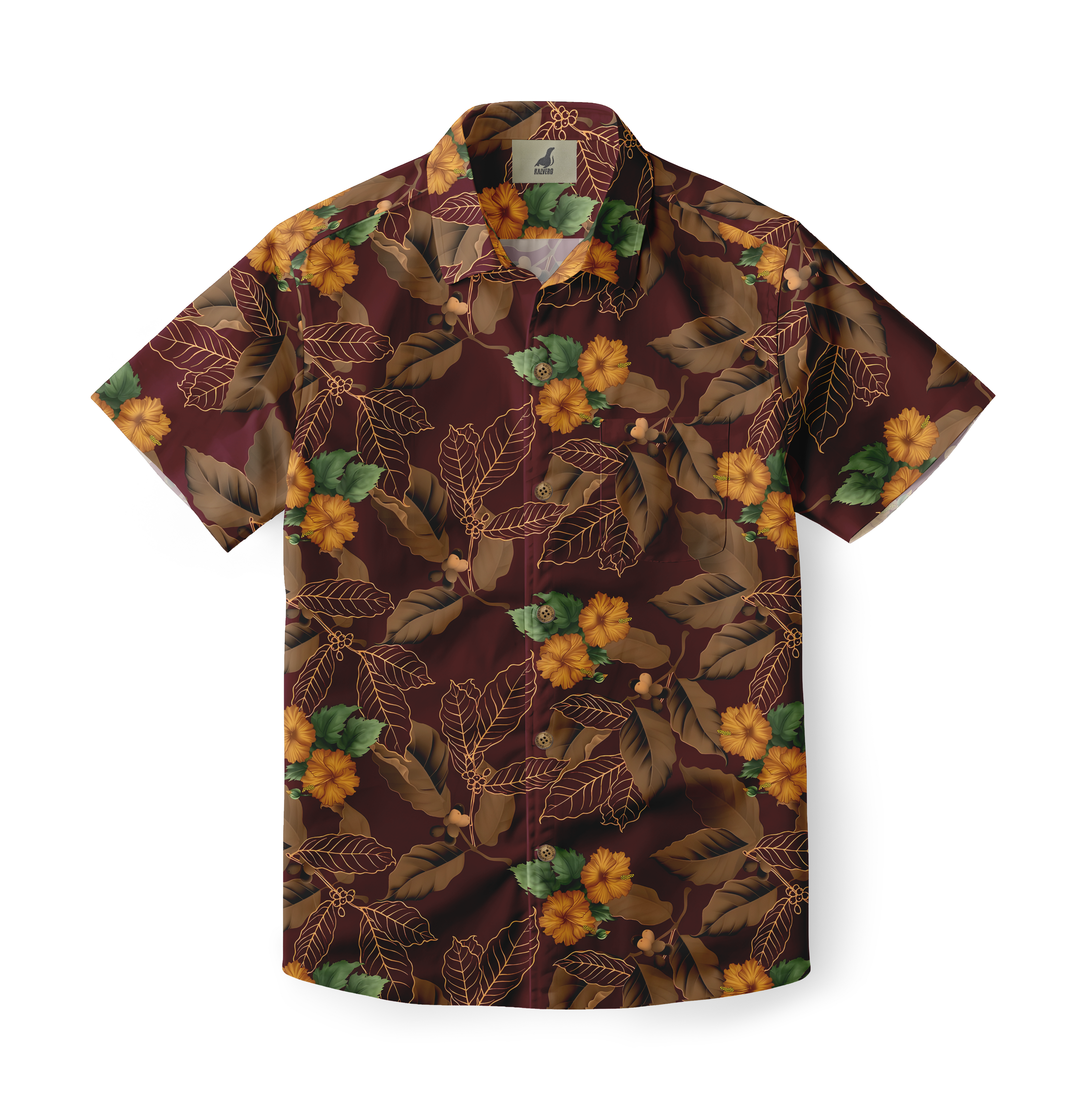 Maroon Hawaiian shirt with brown leaves, orange flowers, and green.