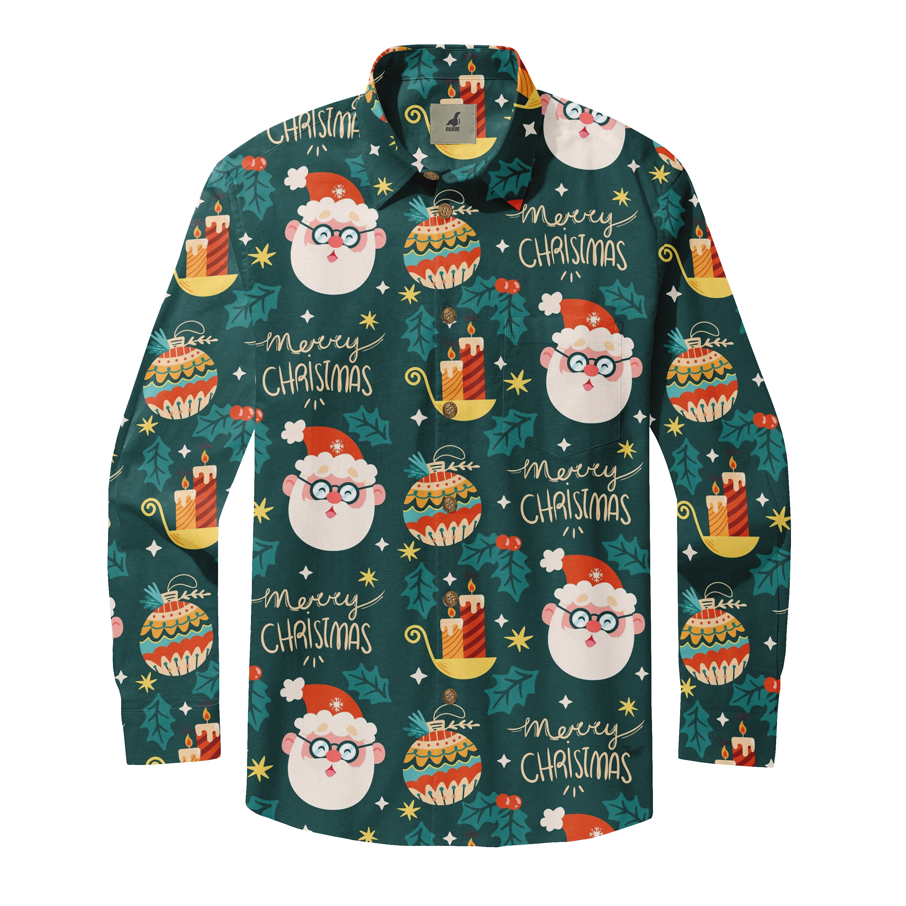 Festive green shirt with Santa, ornaments, candles, and "Merry.