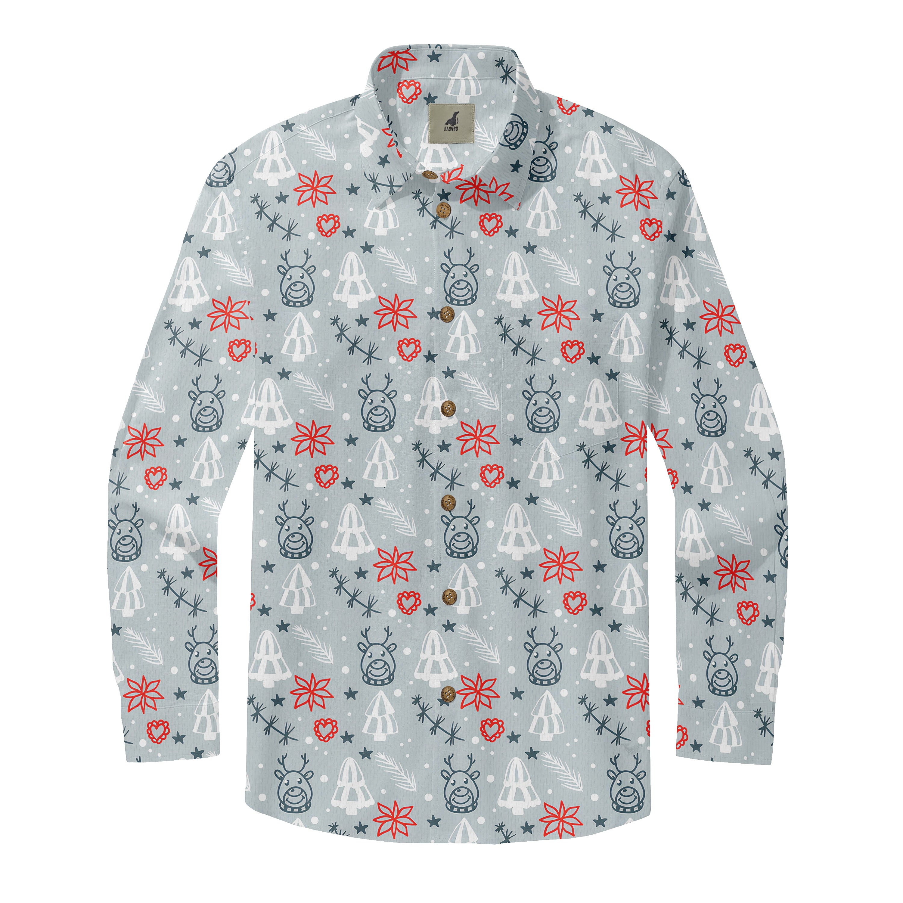 Light blue Christmas shirt with reindeer, trees, stars, and red.