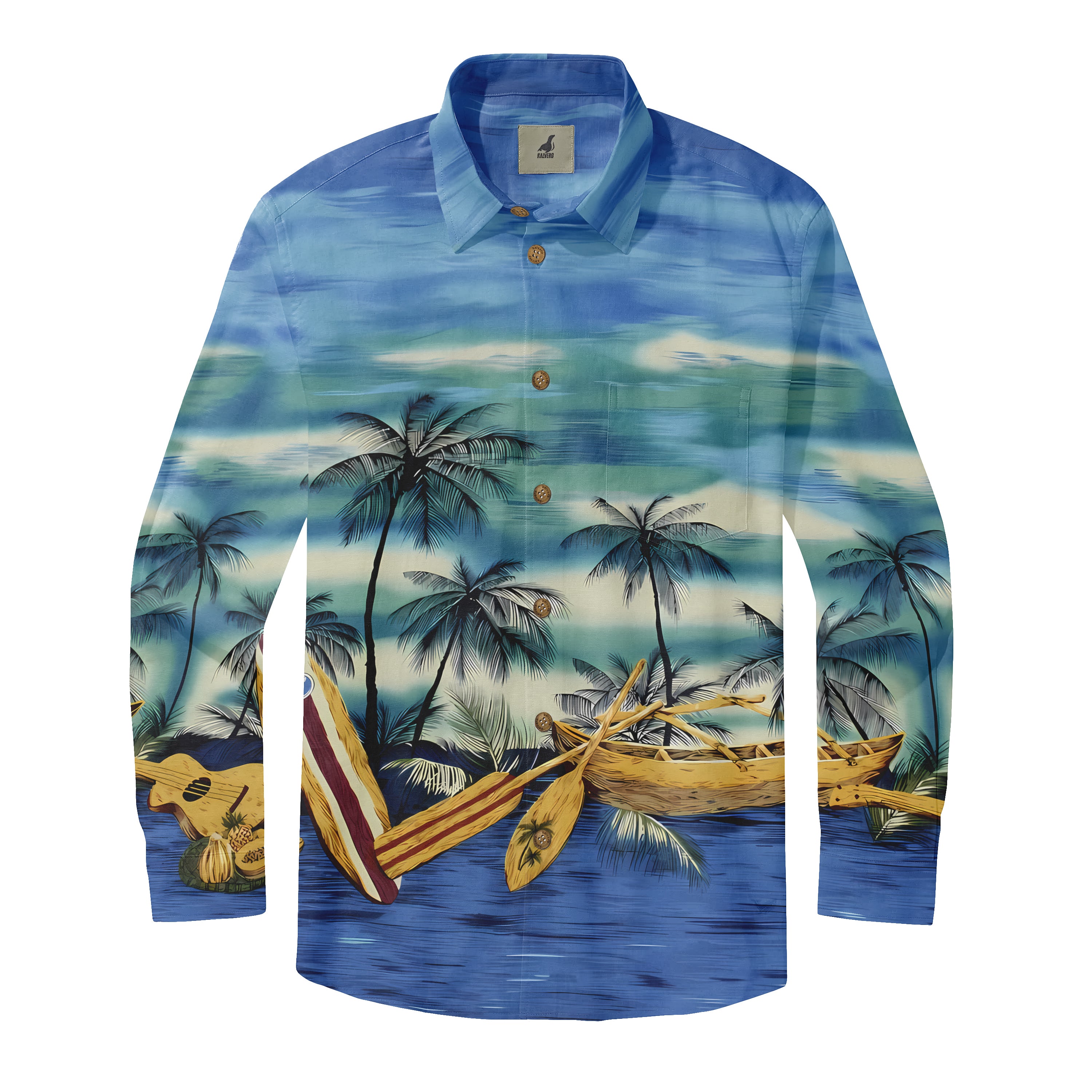 Blue shirt with palm trees, surfboard, and canoe design.