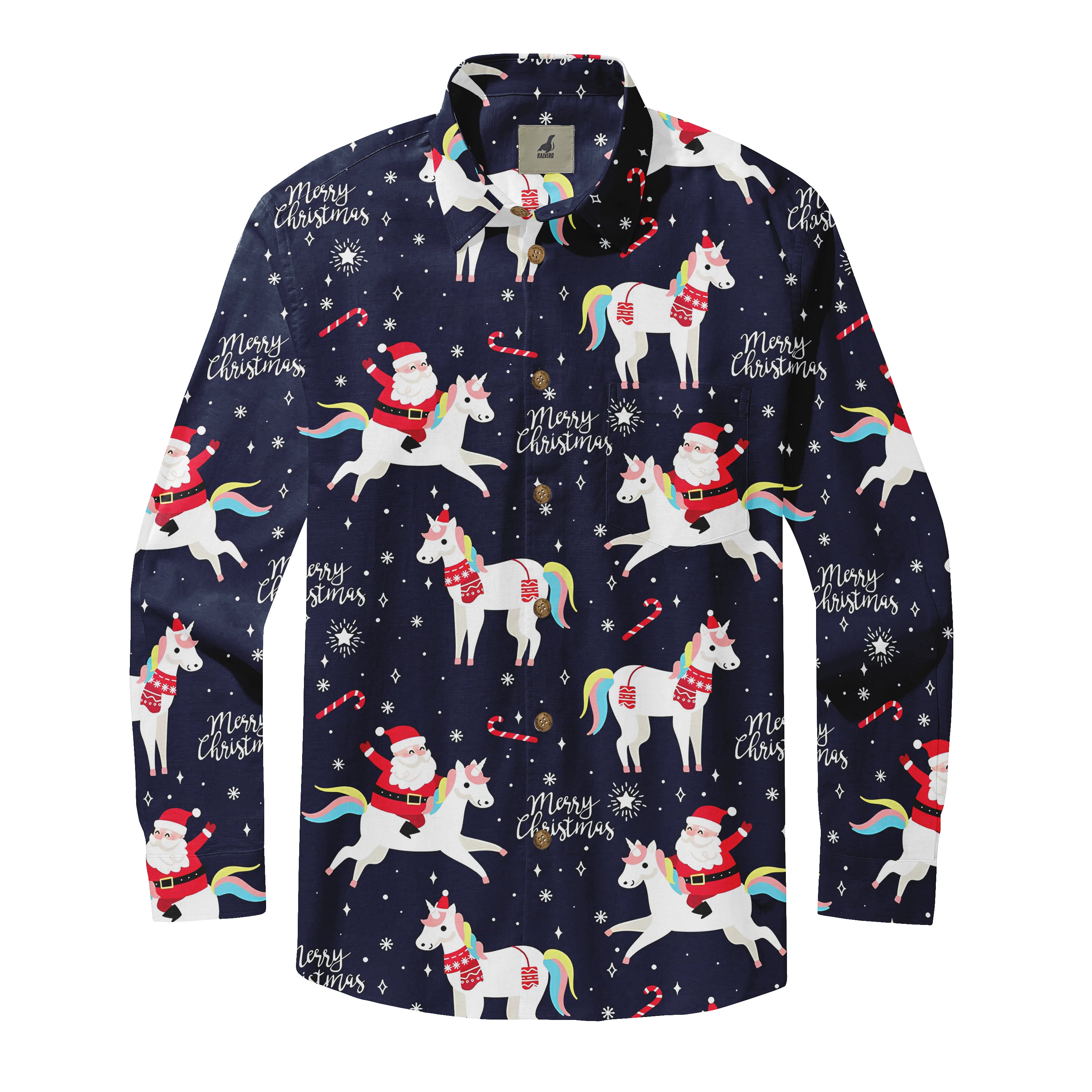 Christmas shirt with Santa riding unicorns, candy canes, and "Merry.
