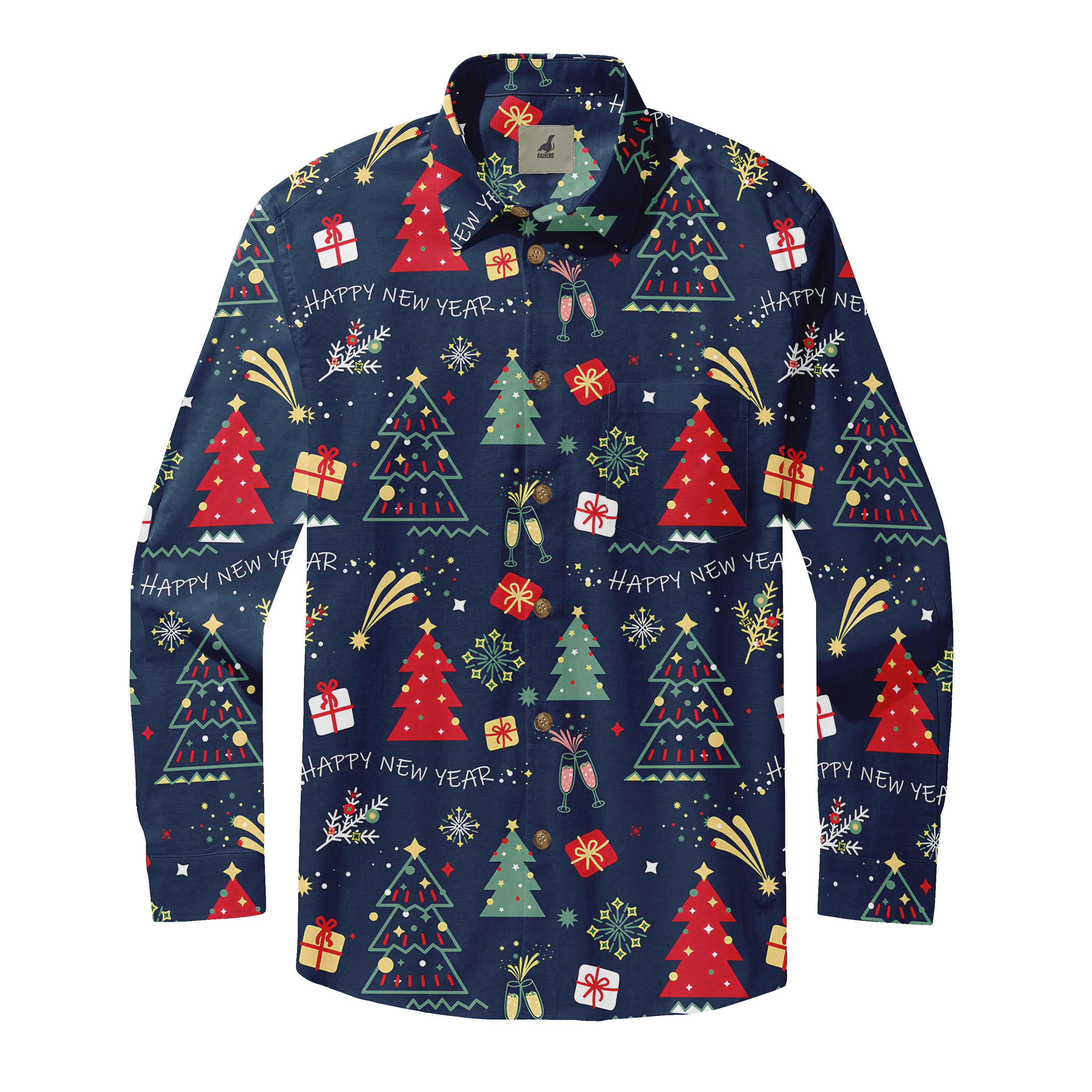 Festive navy blue shirt with Christmas trees, gifts, snowflakes.