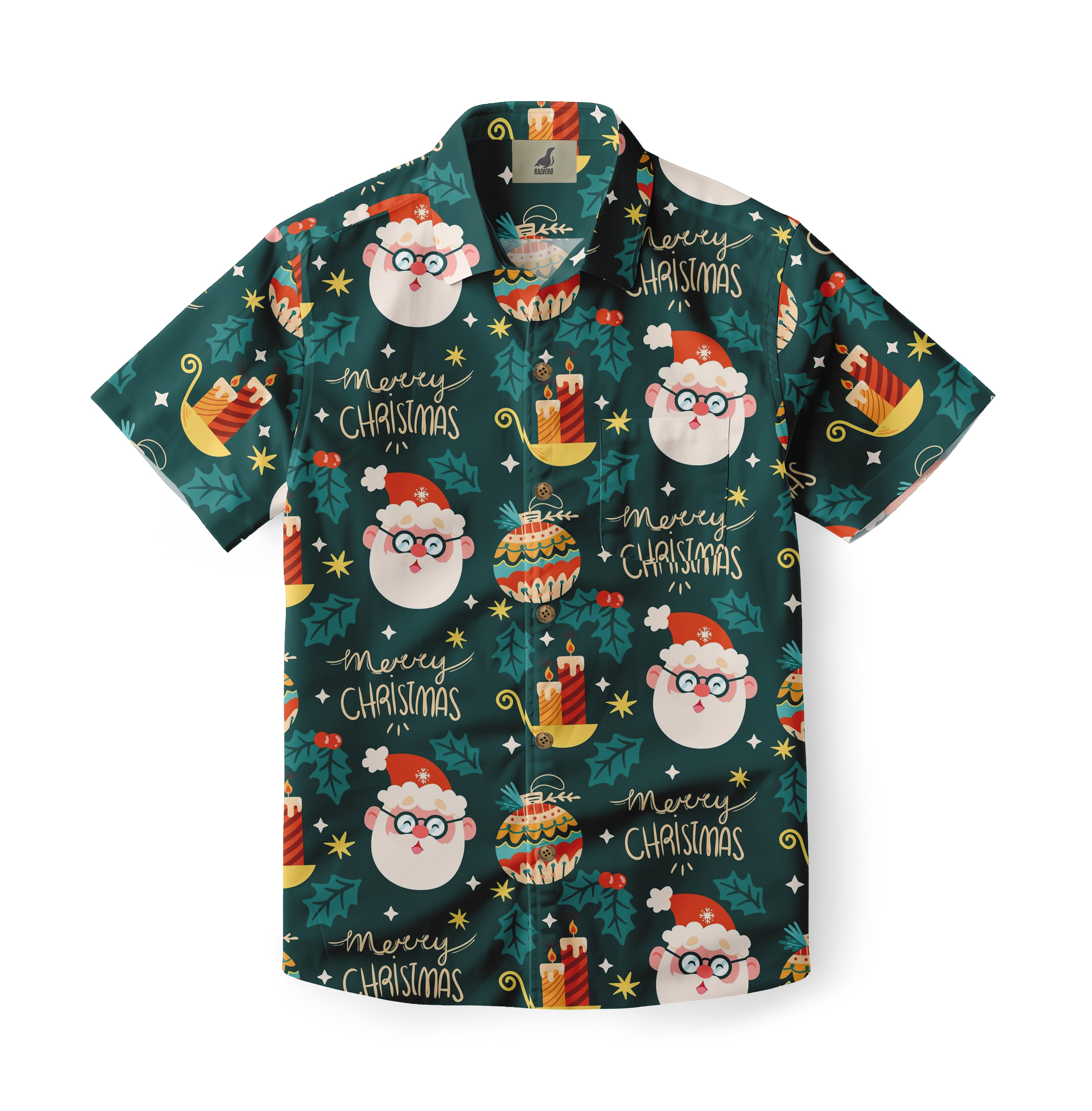 Christmas-themed shirt with Santa, ornaments, candles, and "Merry.