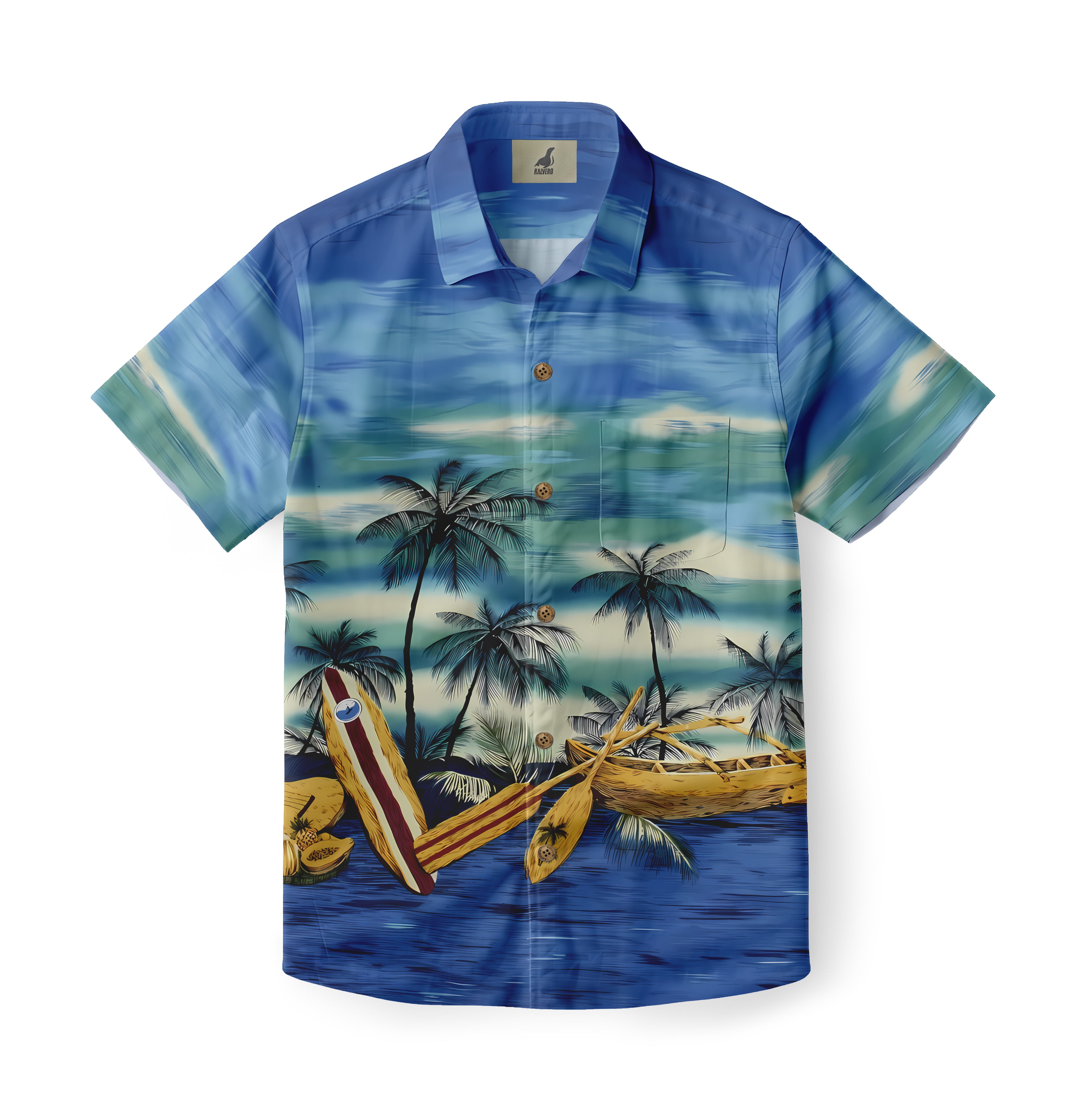 Blue Hawaiian shirt with palm trees, surfboard, and canoe.