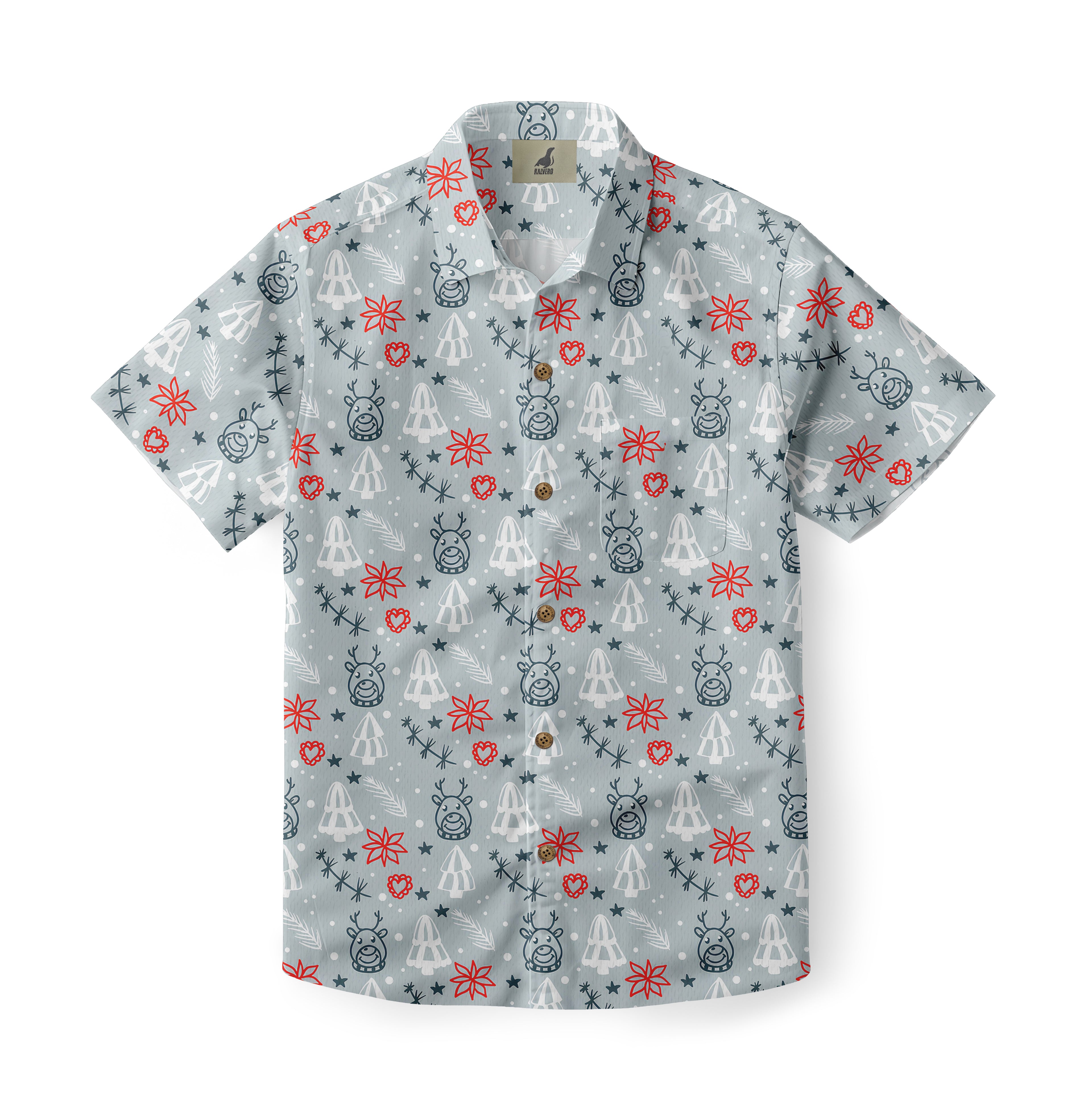 Light blue short-sleeve shirt with festive reindeer, trees, stars.